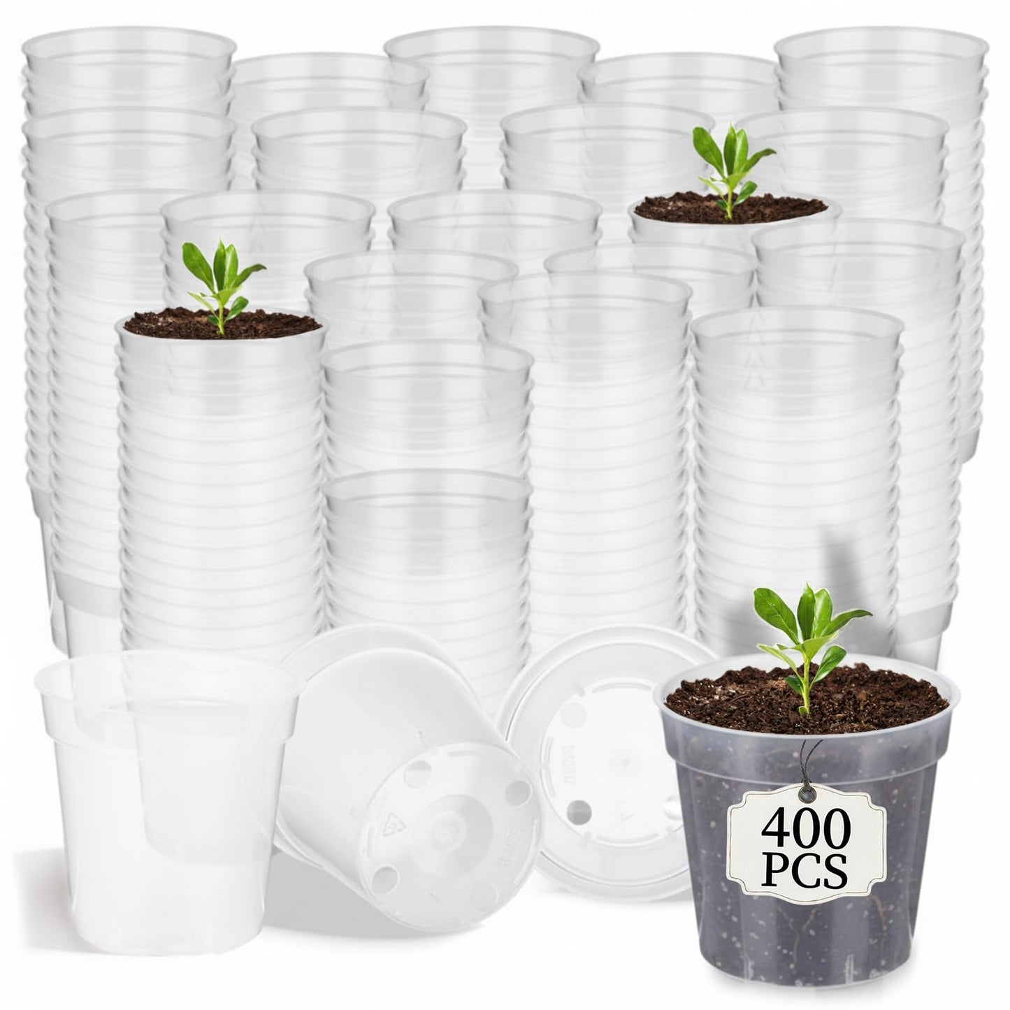 Domensi 400 Pcs 2inch Clear Nursery Pots, Mini Plastic Plant Pot Nursery Seedling Pot with Drainage Holes for Seeds Starter, Indoor Outdoor Garden Vegetables Flowers Seedlings, Gardening Gifts