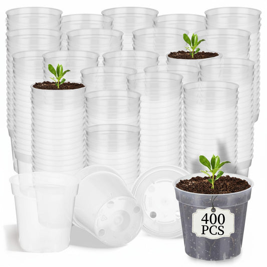 Domensi 400 Pcs 2inch Clear Nursery Pots, Mini Plastic Plant Pot Nursery Seedling Pot with Drainage Holes for Seeds Starter, Indoor Outdoor Garden Vegetables Flowers Seedlings, Gardening Gifts