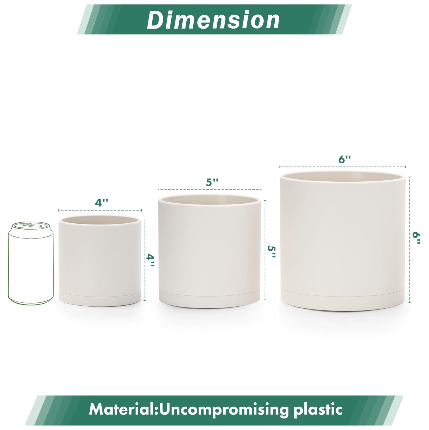 D'vine Dev 4 Inch 5 Inch 6 Inch, Set of 3 Plastic Planter Pots for Plants with Drainage Hole and Seamless Saucers, Oatmeal, Small, 74-V-H-1