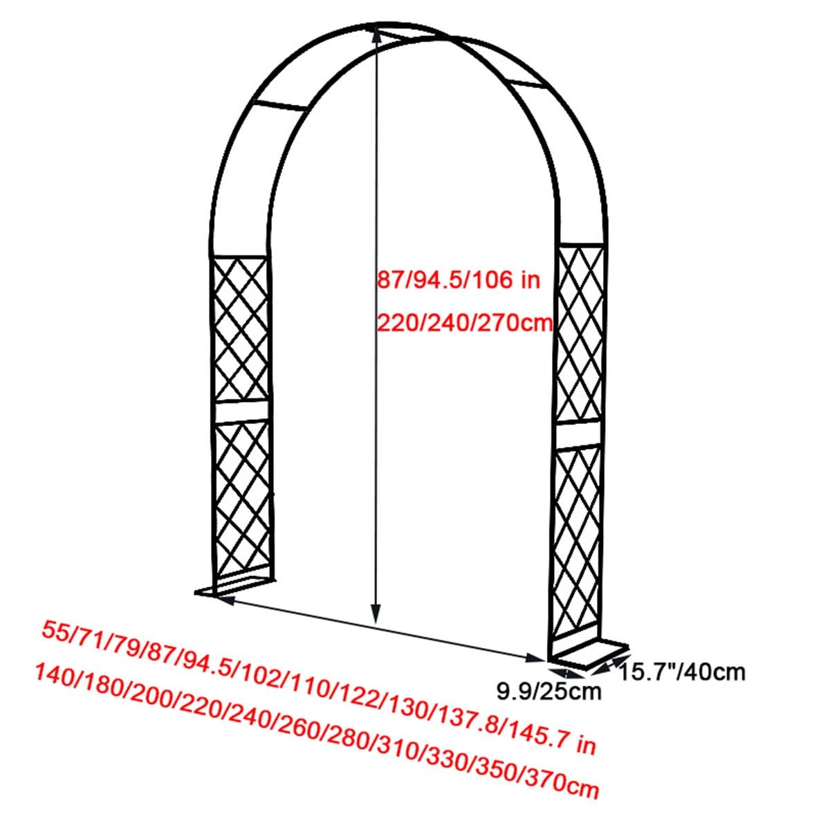 ZJWMDBQZ Wedding Arch W 55" 71" 79" 87" 94.5" 102" 110" 122" 130", Metal Garden Arbor for Outdoor Climbing Plant Roses Vines, Stable Archway Support for Bridal Party Decoration(Black)