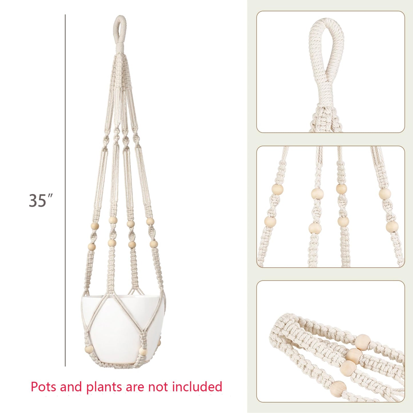 Dahey Macrame Plant Hanger Set of 2 Indoor Outdoor Hanging Planter with Wood Beads Decorative and 2 Hooks Flower Pot Plant Holder No Tassels for Boho Home Decor, 35 Inch, Ivory(Pots Not Included)