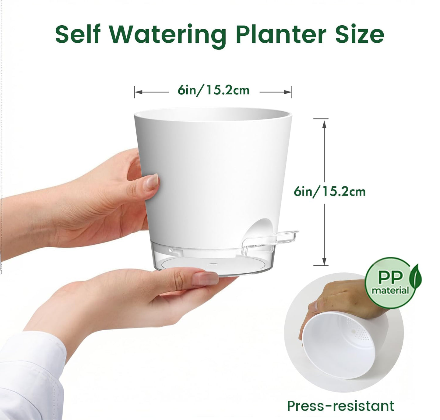 Meowell 6 inch Self Watering Pots for Indoor Outdoor Plants, 3 Pack Flower Plant Pots with Drainage Holes and Clear Reservoirs, Visible Water Level, Plastic Planters with Wicking Rope, White