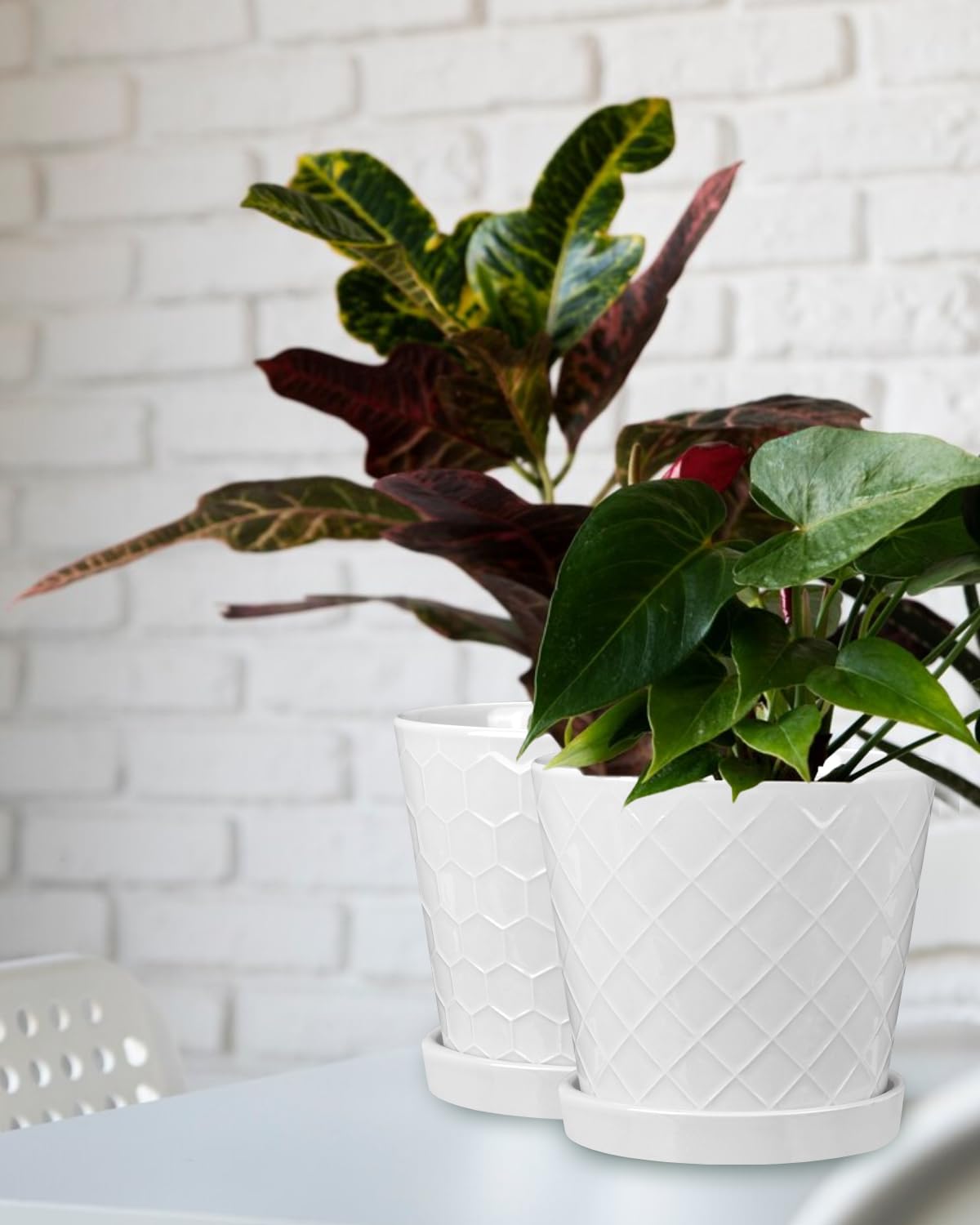 EFISPSS Ceramic Plant Pots, 6 Inch Pots for Indoor Plants, Planters with Drainage Hole and Saucer, Flower Pots Desktop Office Windowsill Decoration Gift Set of 2 - White