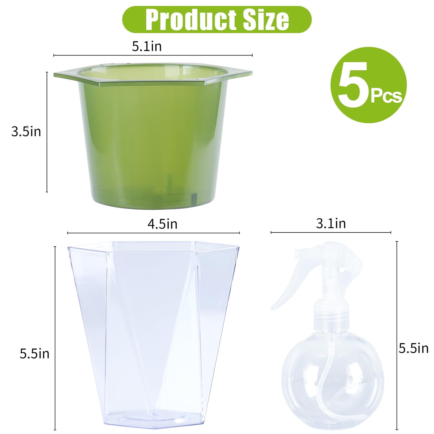 Oliz Self Watering Planter 5 Pcs, 4.5 Inch Flower Plant Pot with Transparent Inner Pot, Gardening Flowerpot with Watering Can, Indoor Self Watering Planter Pot for Herbs, Flowers (Green)