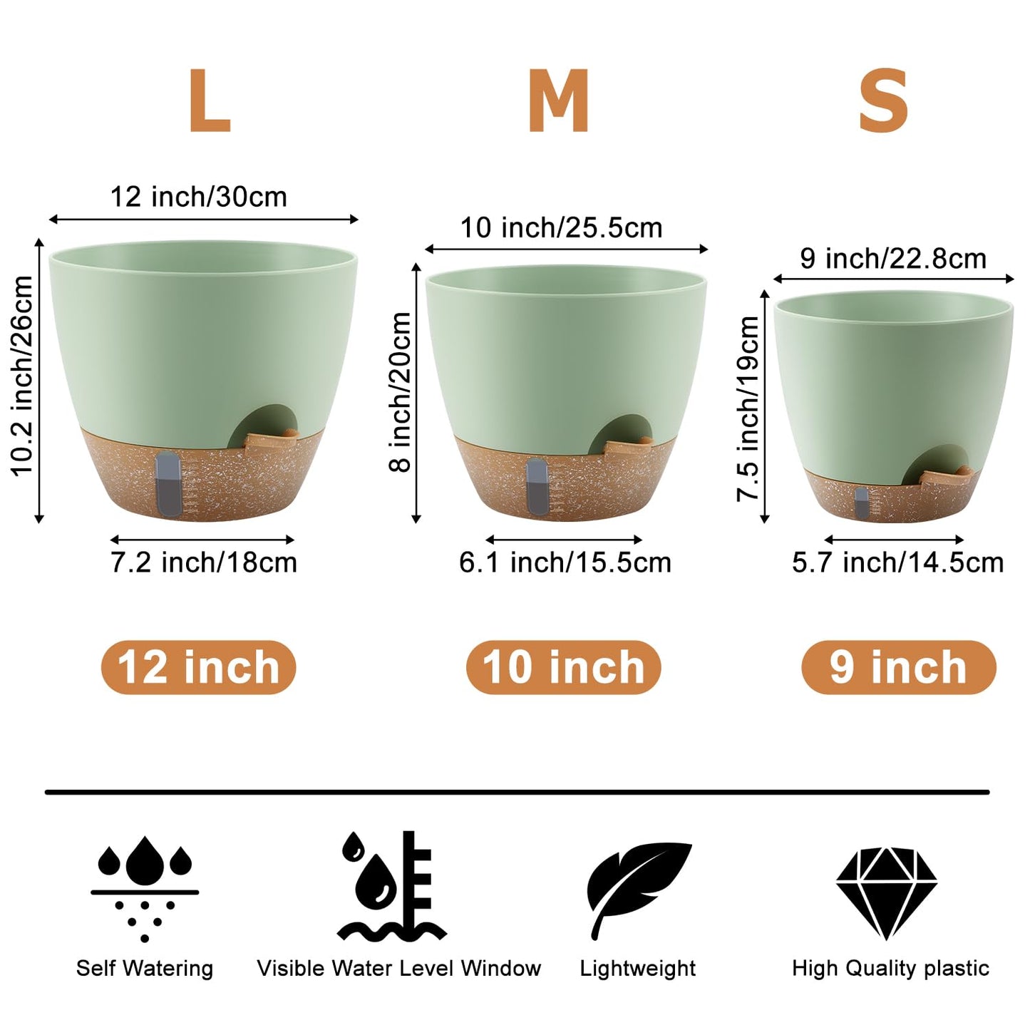 QRRICA Self-Watering Plant Pots with Water Level Indicator, Drainage Holes & Saucers – 12/10/9 Inch Large Plastic Planter Set for Indoor & Outdoor Plants (Green)