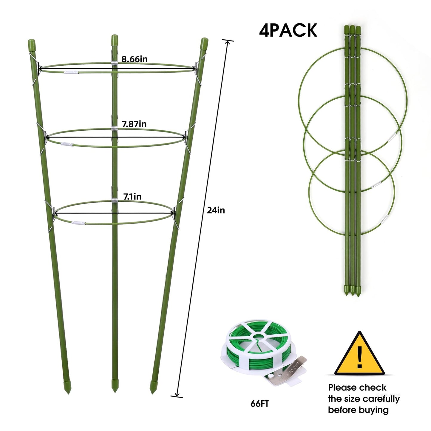 TOCCYARD 4 Pack Plant Support Tomato Cages for Garden, 24 Inches Tomato Cages and Supports with Adjustable Rings for Garden Pots, Plant Stakes Tomato Trellis Rings for Climbing Plants