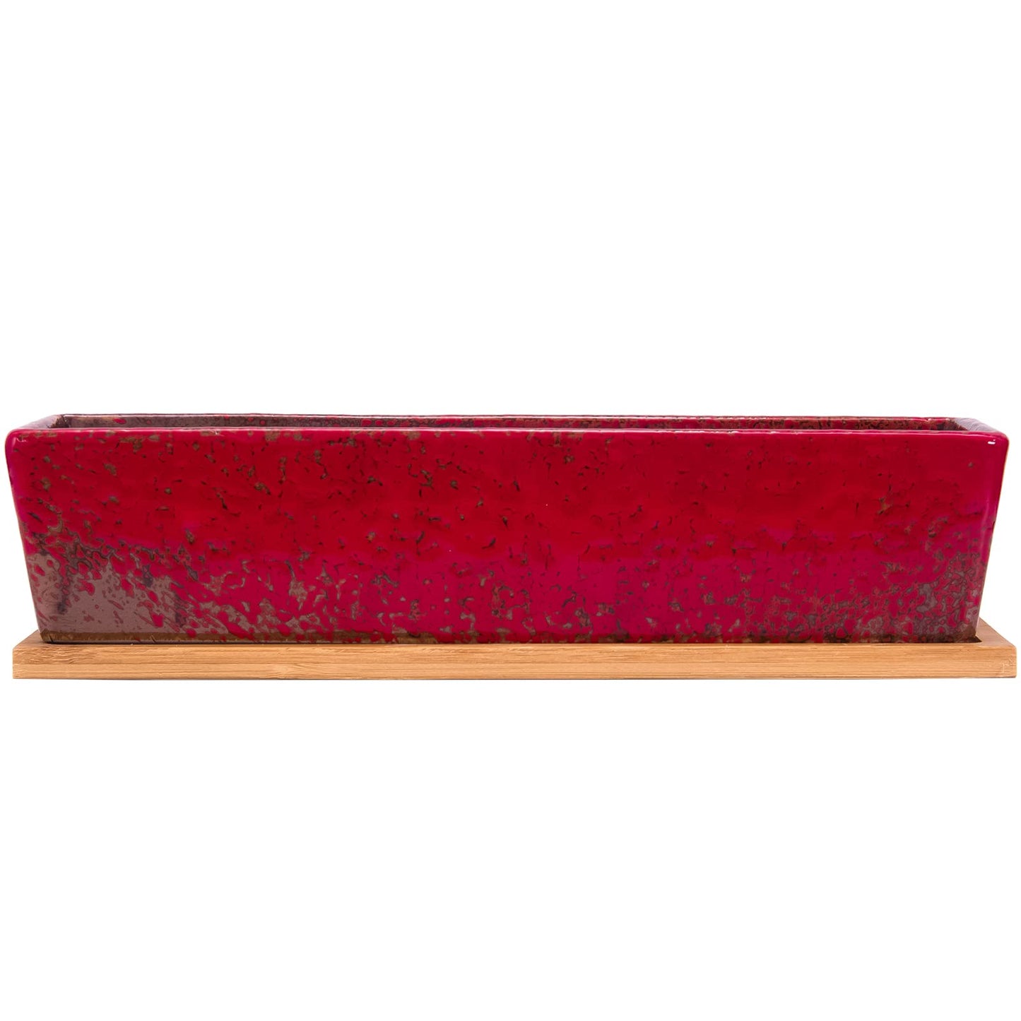Succulent Pots - Large Succulent Planter Pots with Drainage, 12 Inch Long Rectangle Bonsai Pot with Bamboo Tray Shallow Ceramic Cactus Flower Planter Window Box for Home Garden Decor (Red)
