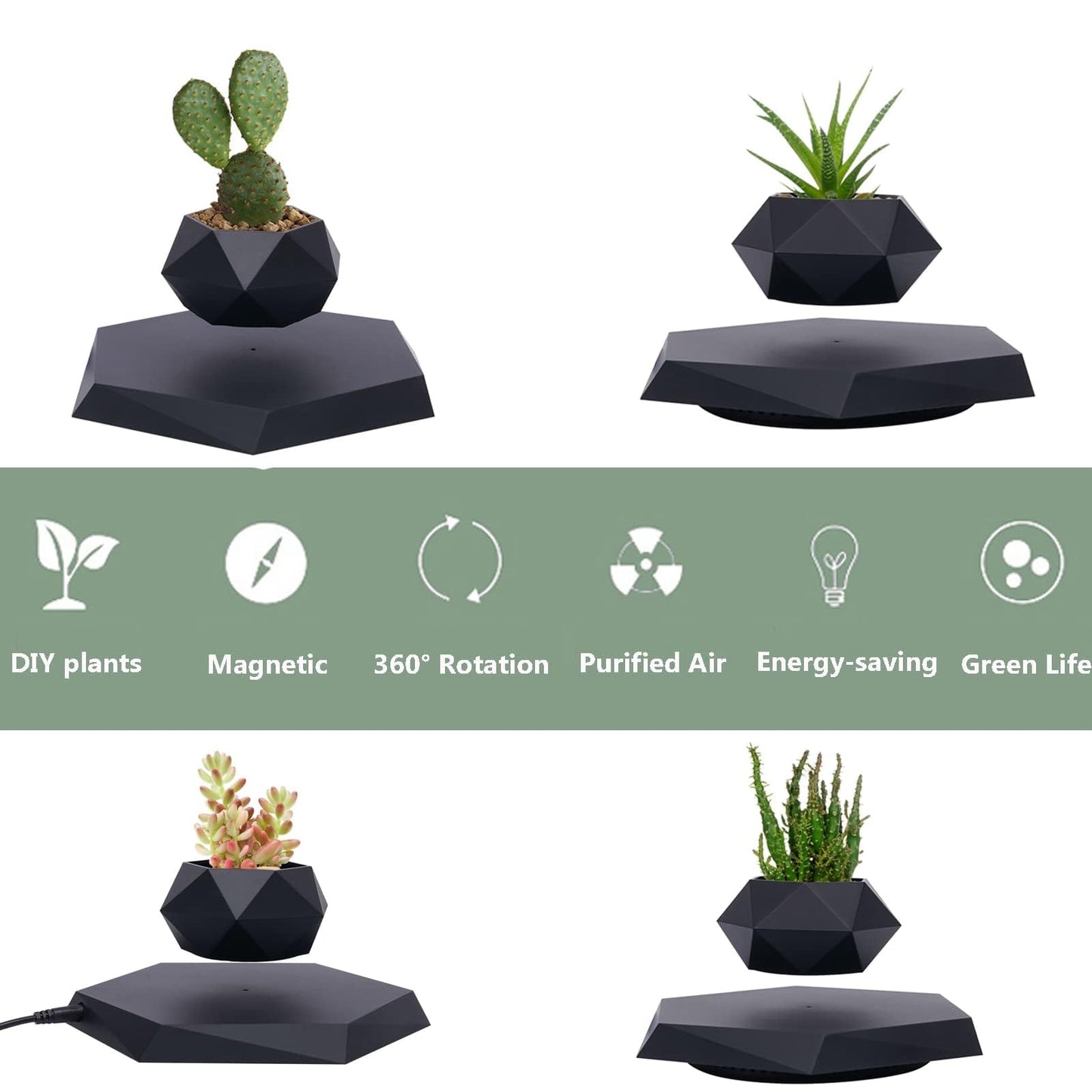 trggvvrt Floating Plant Pot for Small Plants, Magnetic Levitating Flower Pot Planter for Office Home Decoration, Black Hexagon Suspension Rotating Air Bonsai Planter Flower Pot