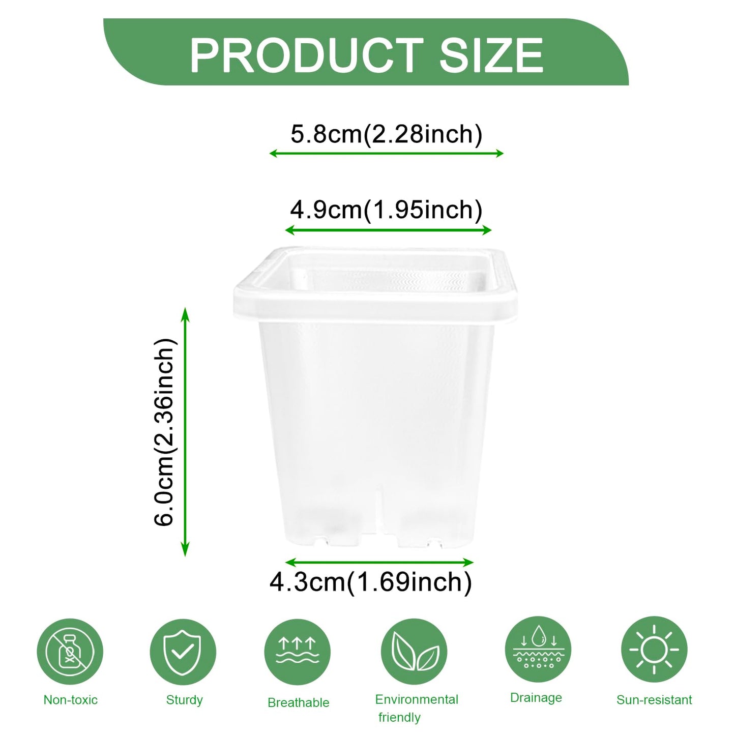 Gyfofix 2 Inch Square Nursery Pots, 50 Pack (25 Clear + 25 Black) Seedling Starter Pots, Plastic Plant Pots with Drainage Holes, for Seed Germination, Root View, and Light Blocking