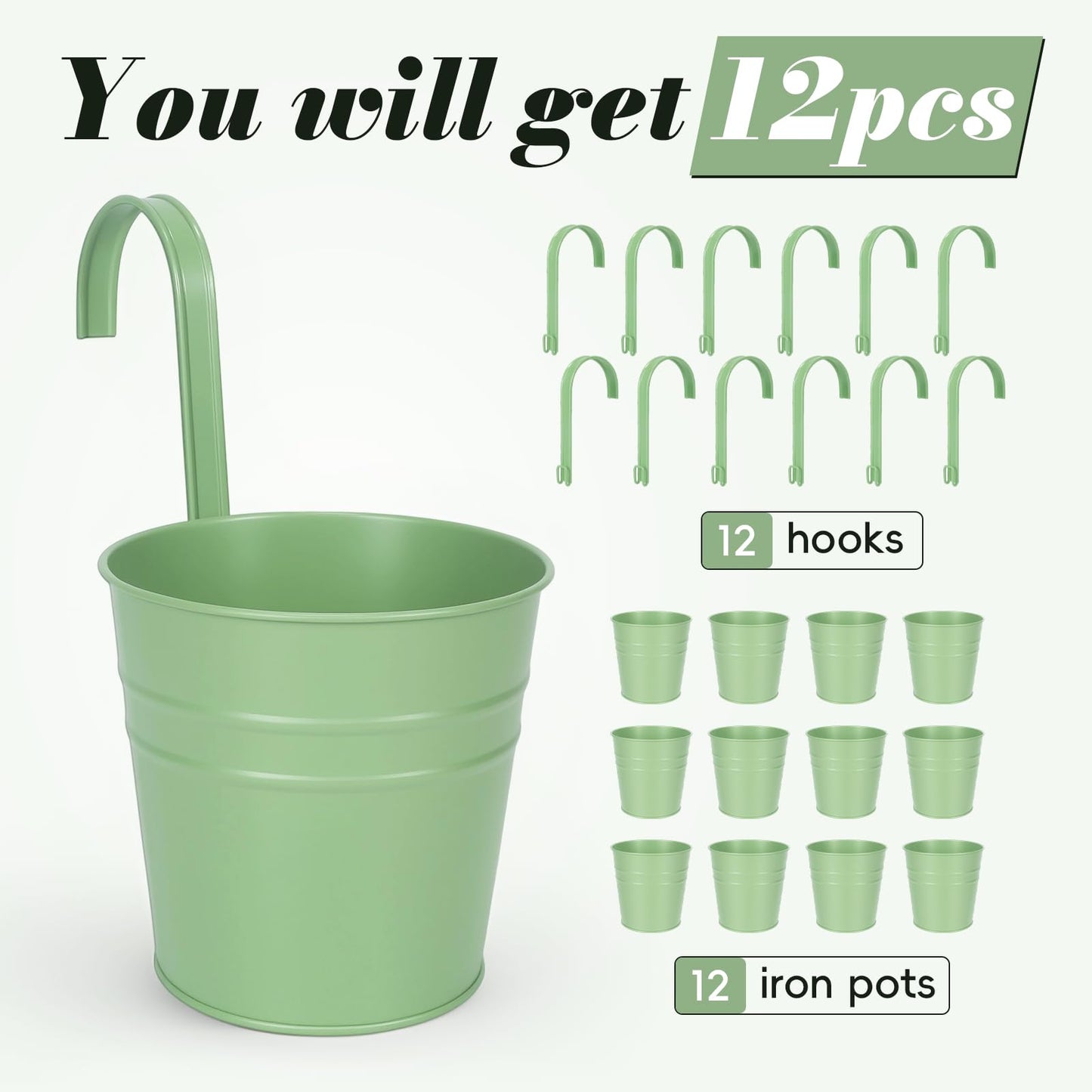 HowRU Hanging Flower Pots, Railing Planter Box for Outdoor Plants 12 Pack 5 Inch Metal Hanging Planters with Detachable Hooks Balcony Window Fence Garden Decoration Flower Boxes (Green)