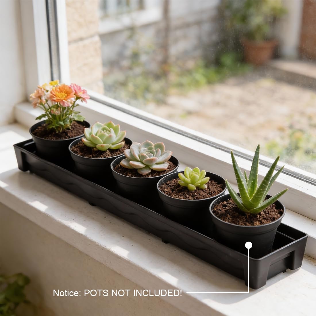 RooTrimmer 5 Pack Plastic Plant Saucer (17"x3"x1.5"), Rectangular Window Sill Plant Pot Trays with Removable Drainage Hole, Thick Windowsill Saucer Tray for 2.8 inch (7CM) Flower Nursery Pots (Black)