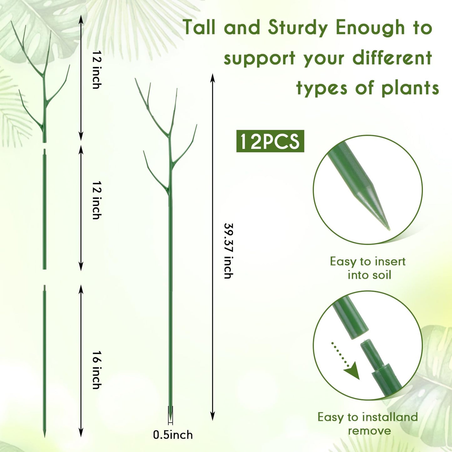 Cinnvoice 12 Pack 39.37" Stackable Plant Support Stakes Plant Support for Indoor Outdoor Green Twig Plant Sticks with Extension Poles Plastic Branch Trellis for Climbing Potted Flower Monstera