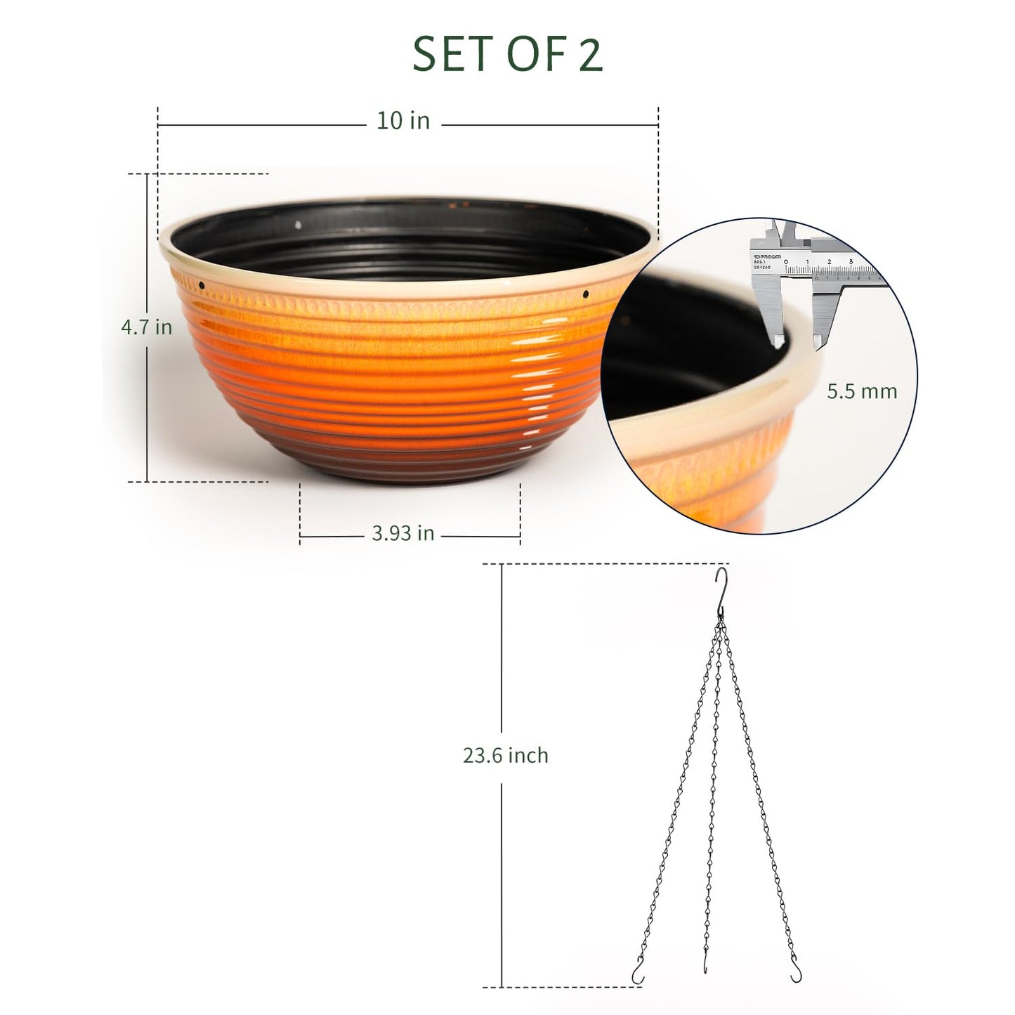 Vanslogreen 2 Pack Hanging Planters for Indoor Outdoor Plants, 10 Inch Hanging Planter with Drainage Hole & Plug Glazed Hanging Baskets Flower Pots for Garden Home, Orange