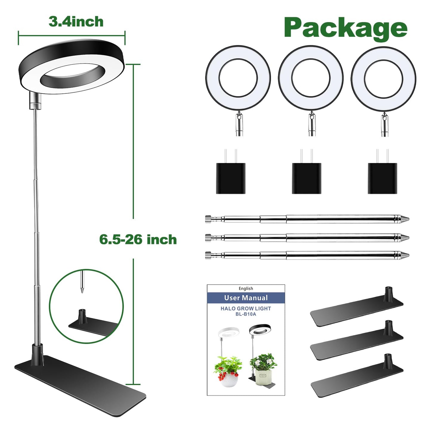 Aokrean Plant Grow Light, 48 LEDs Full Spectrum Grow Lights for Indoor Plants, Height Adjustable Small Halo Grow Light with Base, 3 Optional Spectrums, Auto Timer 3/9/12Hrs, 10 Brightness, 3 Pack