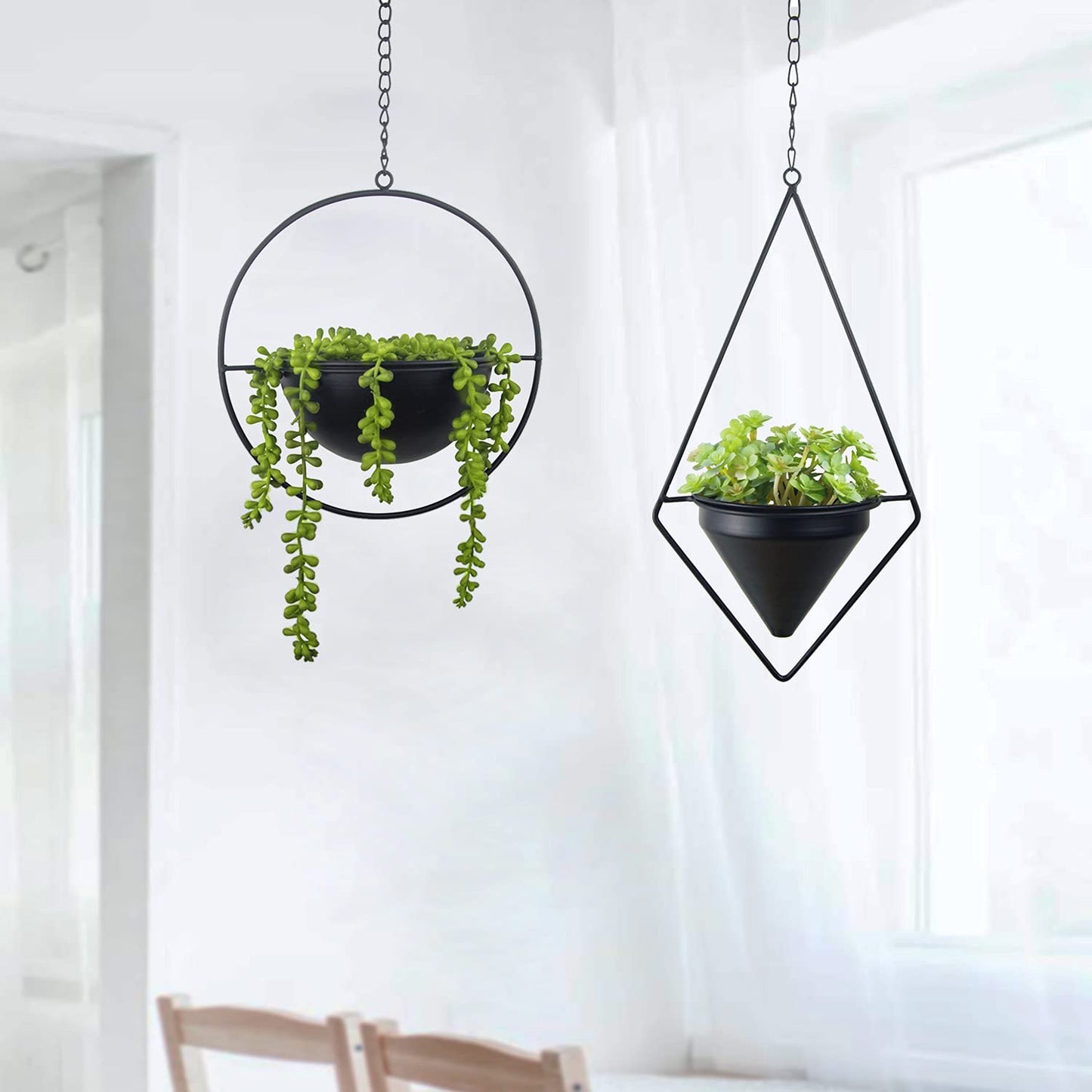Metal Hanging Planters Set of 2 Modern Indoor Plant Hanger with Round and Diamond Pots, Geometric Small Wall and Ceiling Hanging Plant Holders for Succulents and Herbs, Black Finish