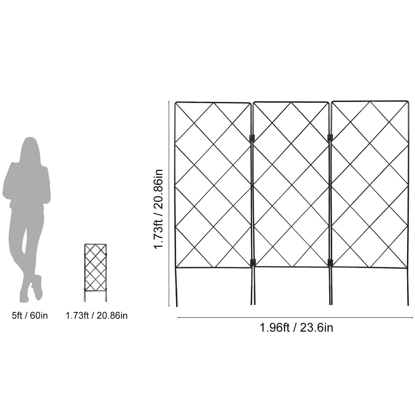 DOITOOL Metal Garden Trellis for Climbing Plants Outdoor, 3 Panel Black Wrought Iron Lattice Folding Trellis, Freestanding Plant Support for Vines Rose Clematis Vegetables, 23.6 X 20.8 Inch
