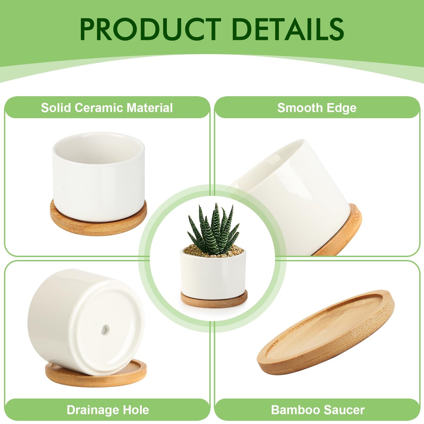 ZOUTOG 12 Pack Ceramic Succulent Pots,3.6 Inch Plant Pots,Succulent Planters with Drainage Hole & Bamboo Tray for Indoor Plants,White Small Flower Planters for Home,Office,Desk