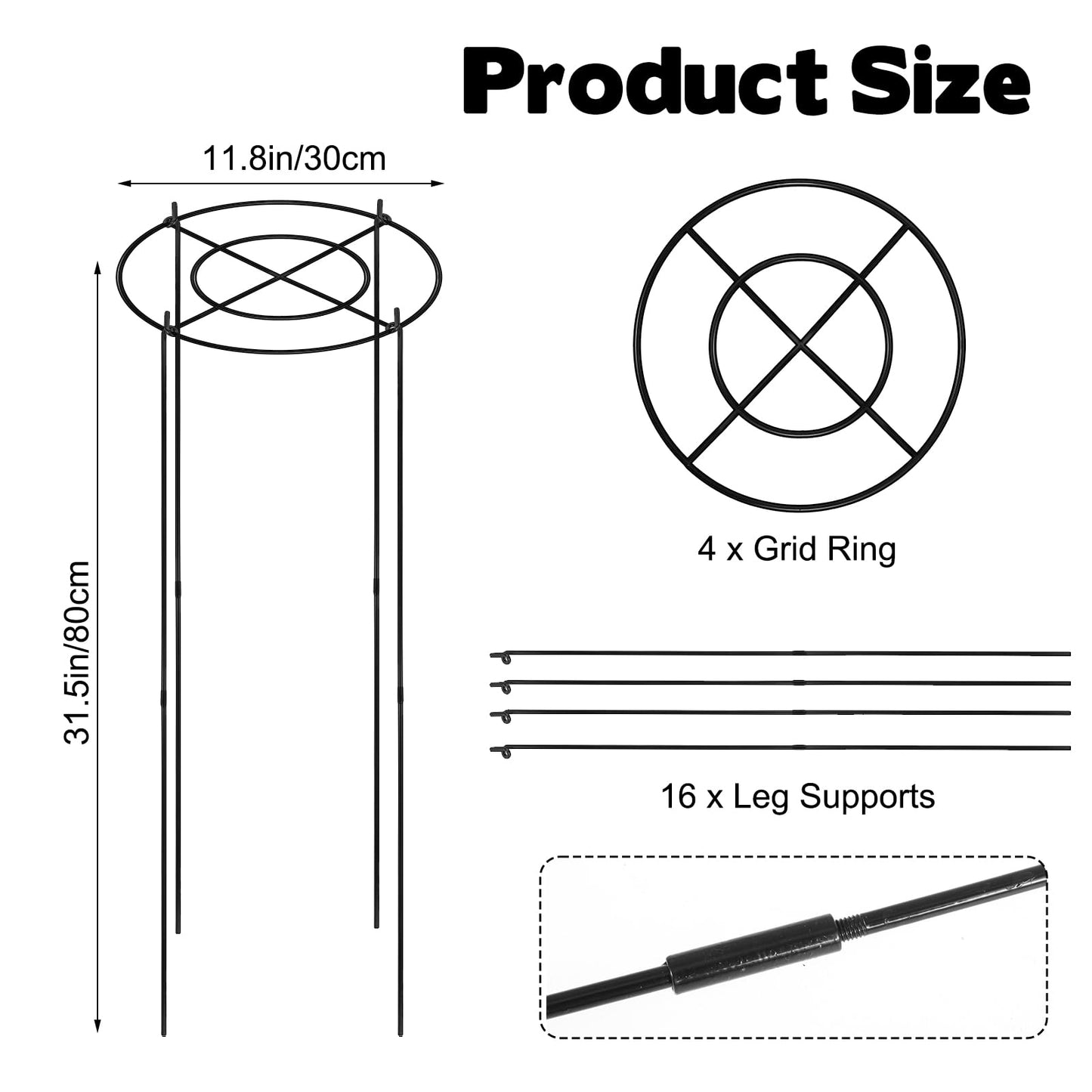11.8" Dx31.5 H Peony Cages and Supports, 4 Pack Plant Supports for Outdoor Plants Grow Through Hoops Grids Heavy Duty Metal Peony Support Cage Flower Support Rings for Rose Tomato Hydrangea etc