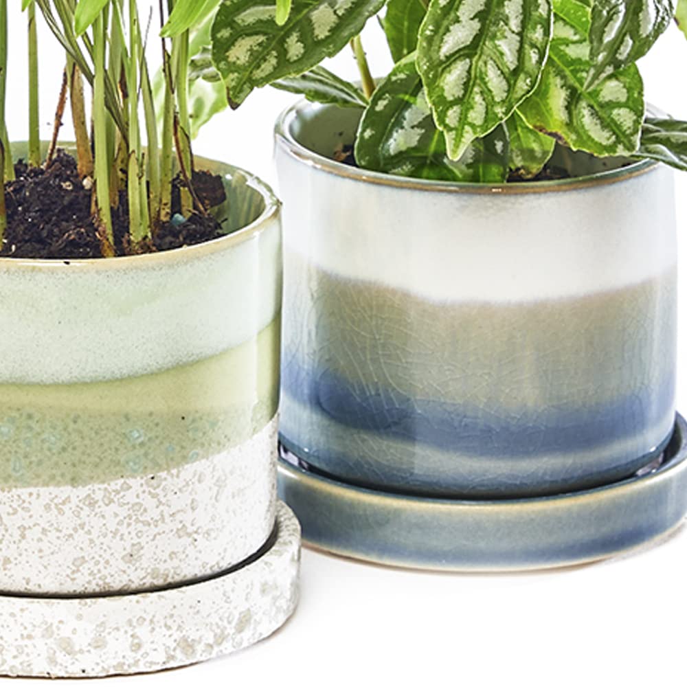 CHIVE ‘Minute’ Ceramic Succulent Planters — Set of 3 — 3” Indoor Cactus & Flower Container Pots with Drainage & Detachable Saucer — Green Blue Mix
