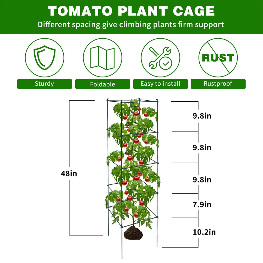 LAKNUAL 6 Packs Tomato Cages for Garden, 12"×12"×48" Plant Support Cage with Different Spacing, Green Metal Trellis for Climbing Plants Like Cucumber, Flowers