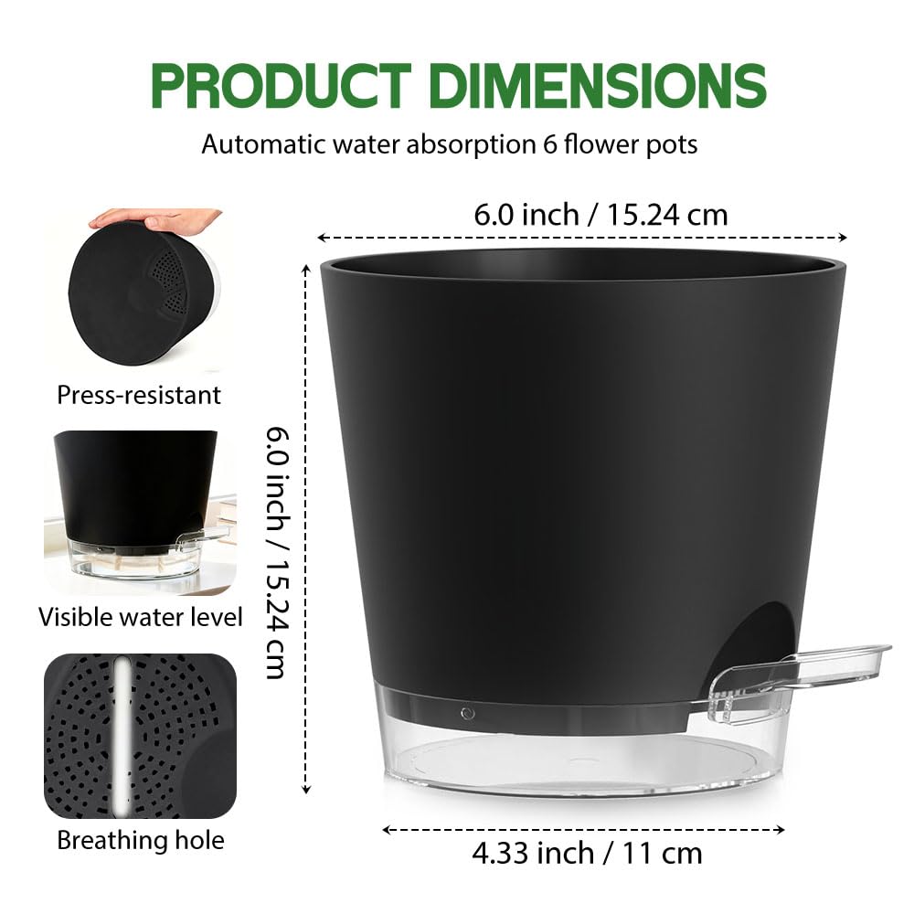 KEETUMOOD Self Watering Pots for Plants, 2026 New Flower Plant Pots with Drainage Holes, Wicking and Clear Reservoirs for Succulent, Aloe, Cacti and Others - 6 Pack (Black, 6")