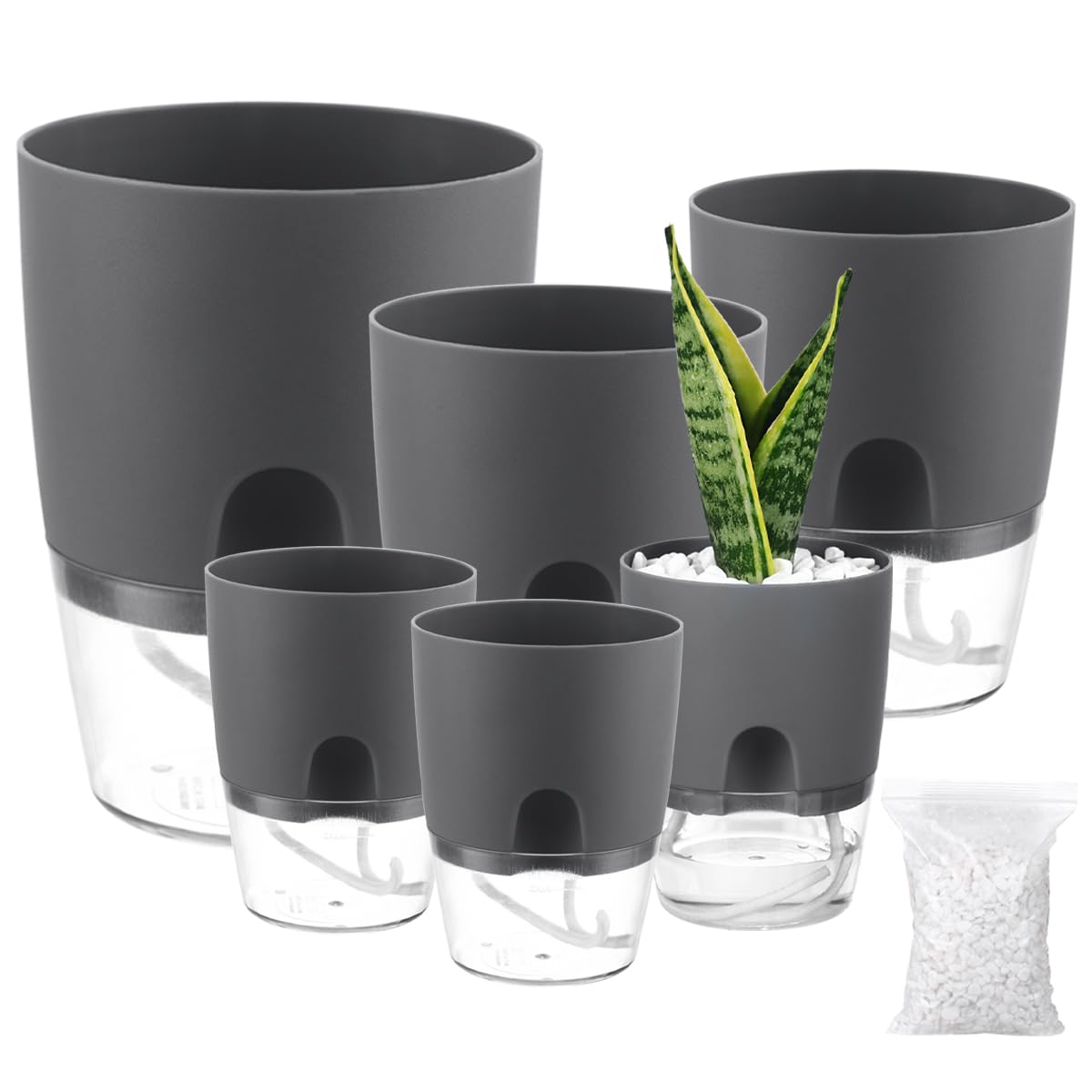 Planterhoma 6 Pack Self Watering Pots for Indoor Plants, 3.2/4/6 Inch Plant Pot Plastic Self Watering Planter for Orchid, African Violet, Small Clear Flower Pots with Drainage Holes and Wicking, Grey