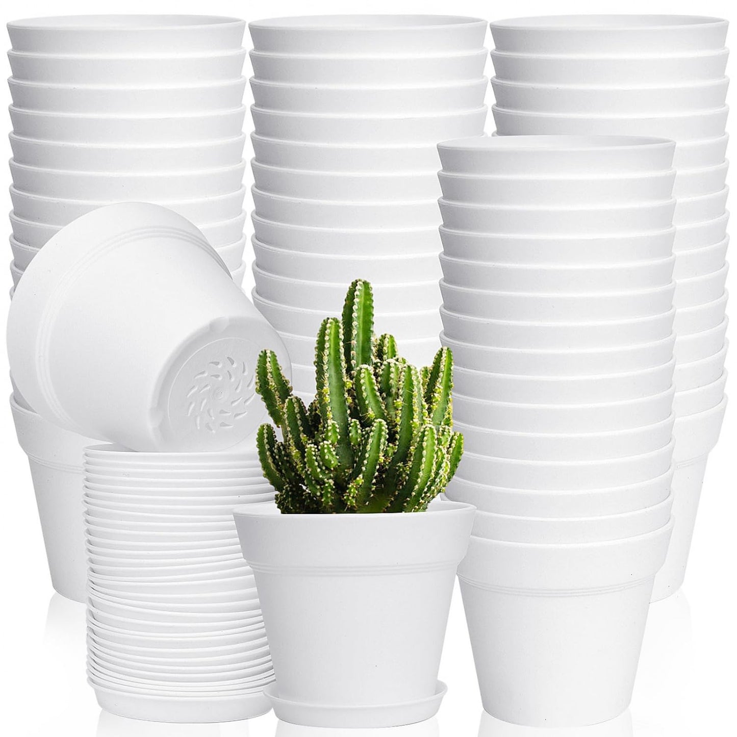 June Fox 60 Pack Small Plant Pots Indoor 4 Inch Plastic Planter with Drainage Holes and Saucers Premium Decorative White Plant Pot for Succulent, African Violets, Flowers, Plants