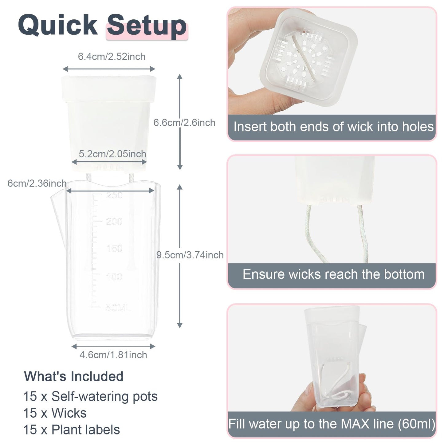 15 Pack 2.5" Self Watering Pots for Indoor Plants,Small Clear Plastic Planters with Water Level Indicator & Drainage Holes for Alocasia Propagation, African Violets, Seedlings, Cuttings and Succulents