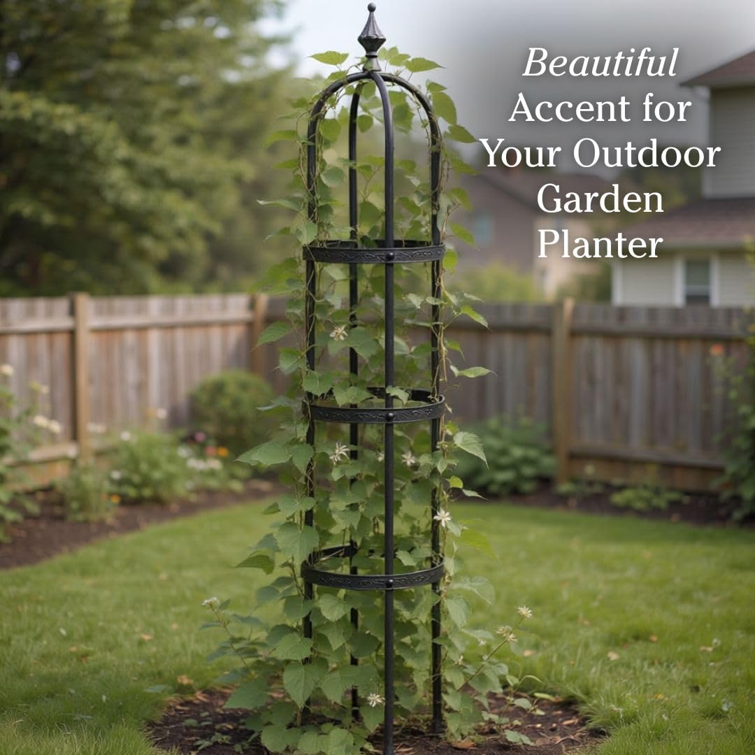 Evergren Garden Metal Obelisk Trellis for Climbing Plants | Indoor/Outdoor Floral Pattern Arch Trellis for Potted Plants (5 ft Black)