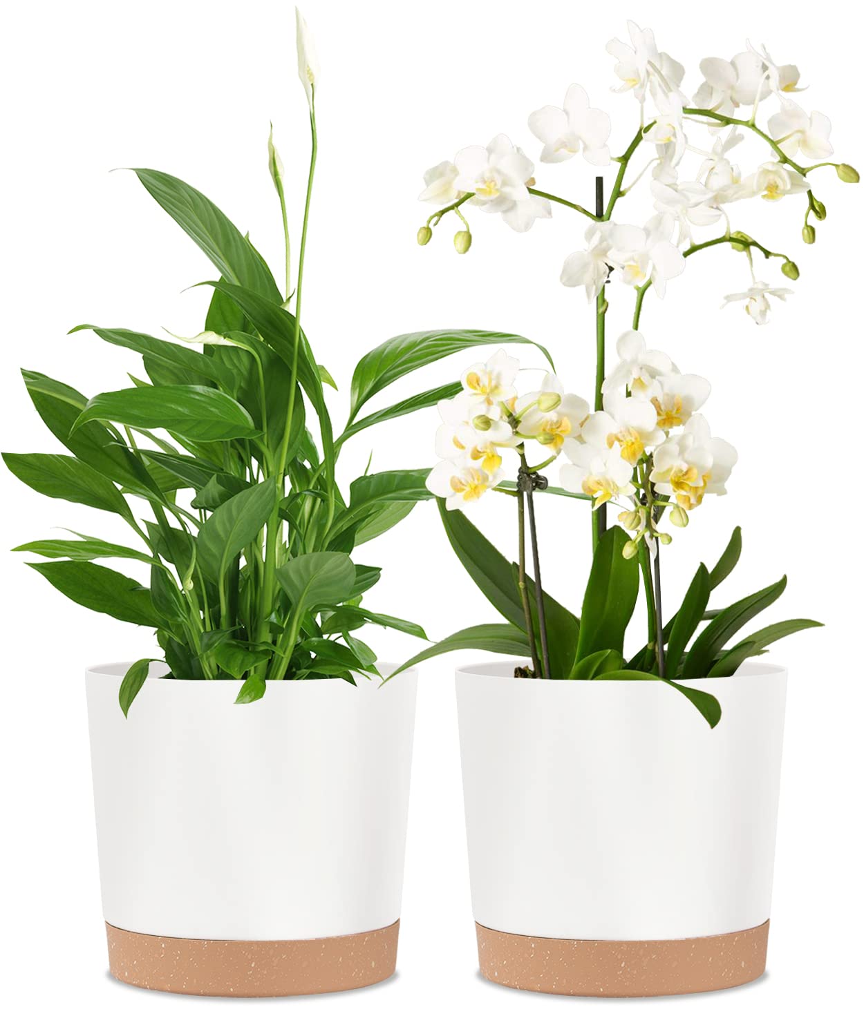 kubvici 2 Pack 8 Inch Planters for Indoor Plants, Plastic Flower Pots Plant Pots Indoor with Drainage Saucer for Outdoor Garden Home Plant, White 8”