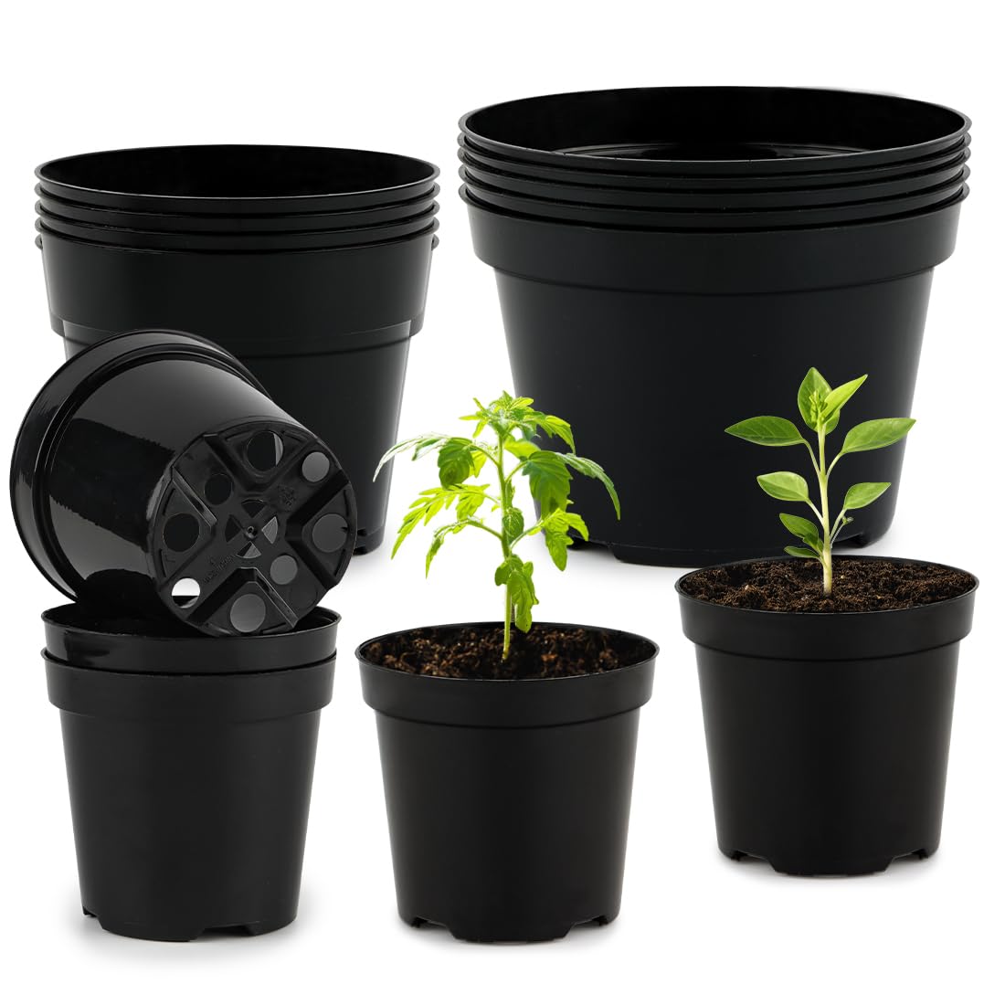 RooTrimmer 4/6/8 Inch Black Plant Nursery Pots, 15 Pack, Thickened Plastic with Drainage Holes, Indoor/Outdoor