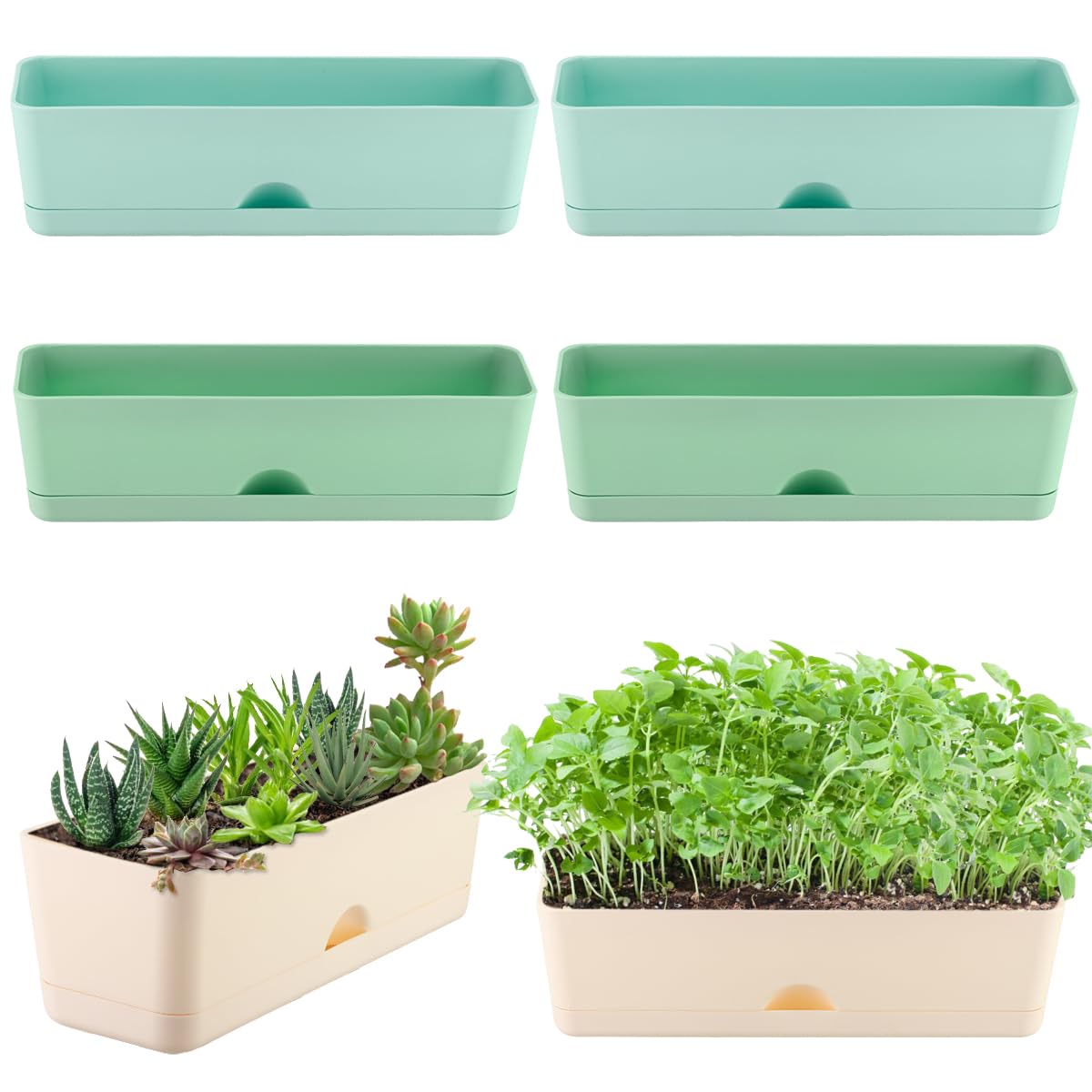 6 Pack Rectangle Planter 16 Inch Window Boxes Planters Rectangular Large Window Sill Planters Indoor Self Watering Plant Pots with Drainage Holes and Saucers Succulent Herb Flower Pots, Macaron Color