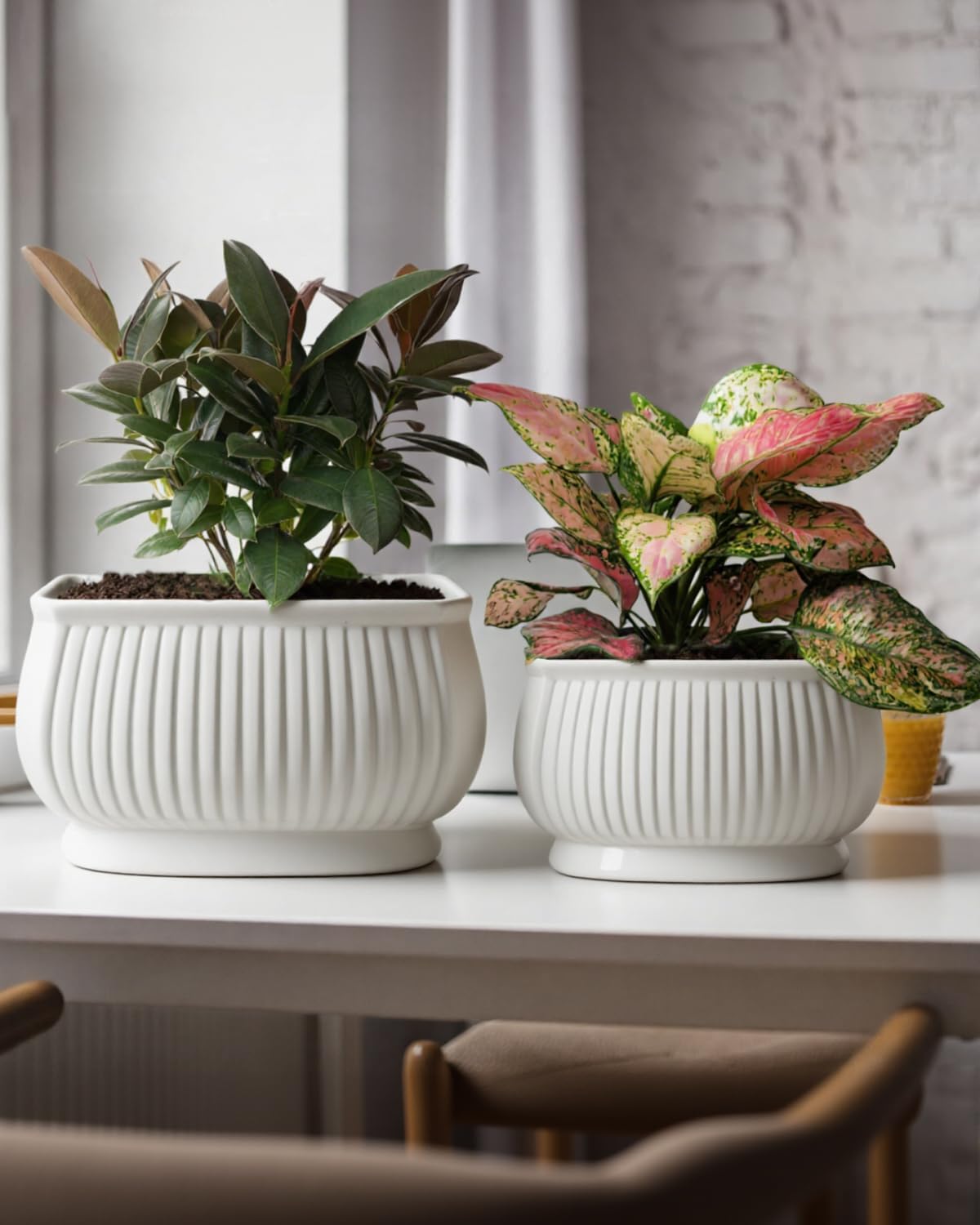 OXART Ceramic Plant pots Indoor Pots Set with Drainage Holes, 11.8+9 inch Flower Pot Rectangle Planters Pots for Plants for Plants Lilies, Cacti, Succulents, and Pothos, No Trays (White-2)