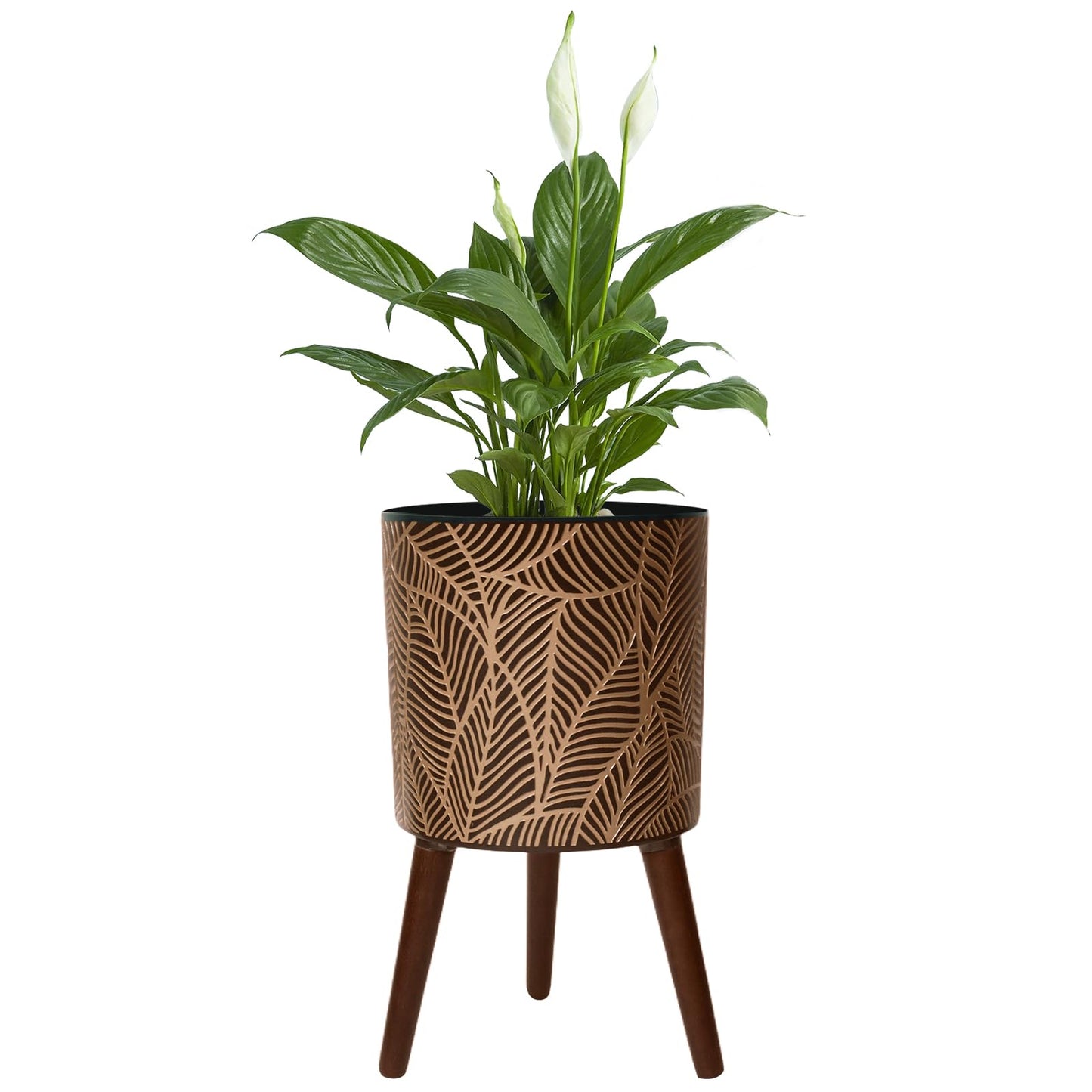 Opnons 12inch Black Plant Pots for Indoor Plants Large Boho Flower Pot with Stand Modern Planters with Gold Floral Embossed Standing Planter with Drainage for Living Room, Office, Garden or Balcony