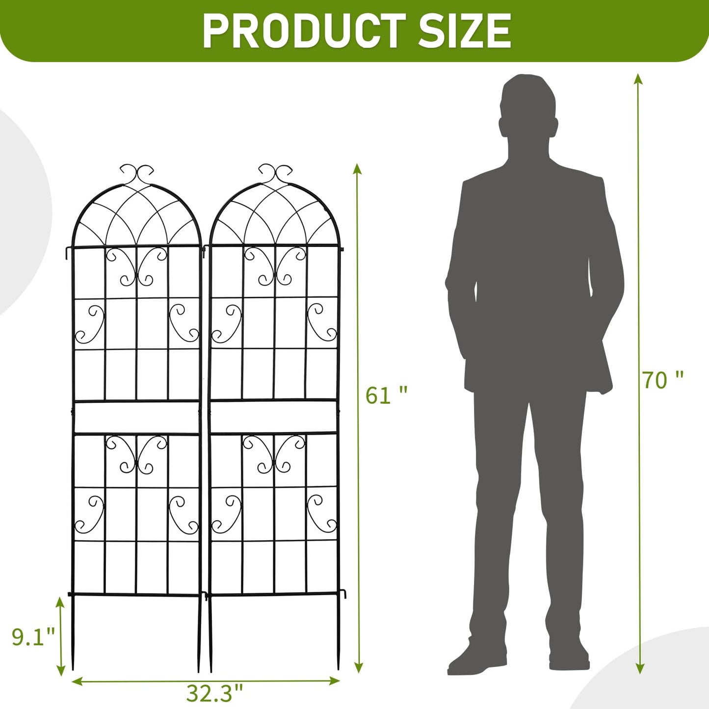 Outvita Garden Trellis for Climbing Plants, 2 Pack 5 Ft Large Decorative Outdoor Cucumber Trellis, Rust Proof Metal Vegetables Flowers Support for Tomatoes, Vines, Roses(Grid Pattern)