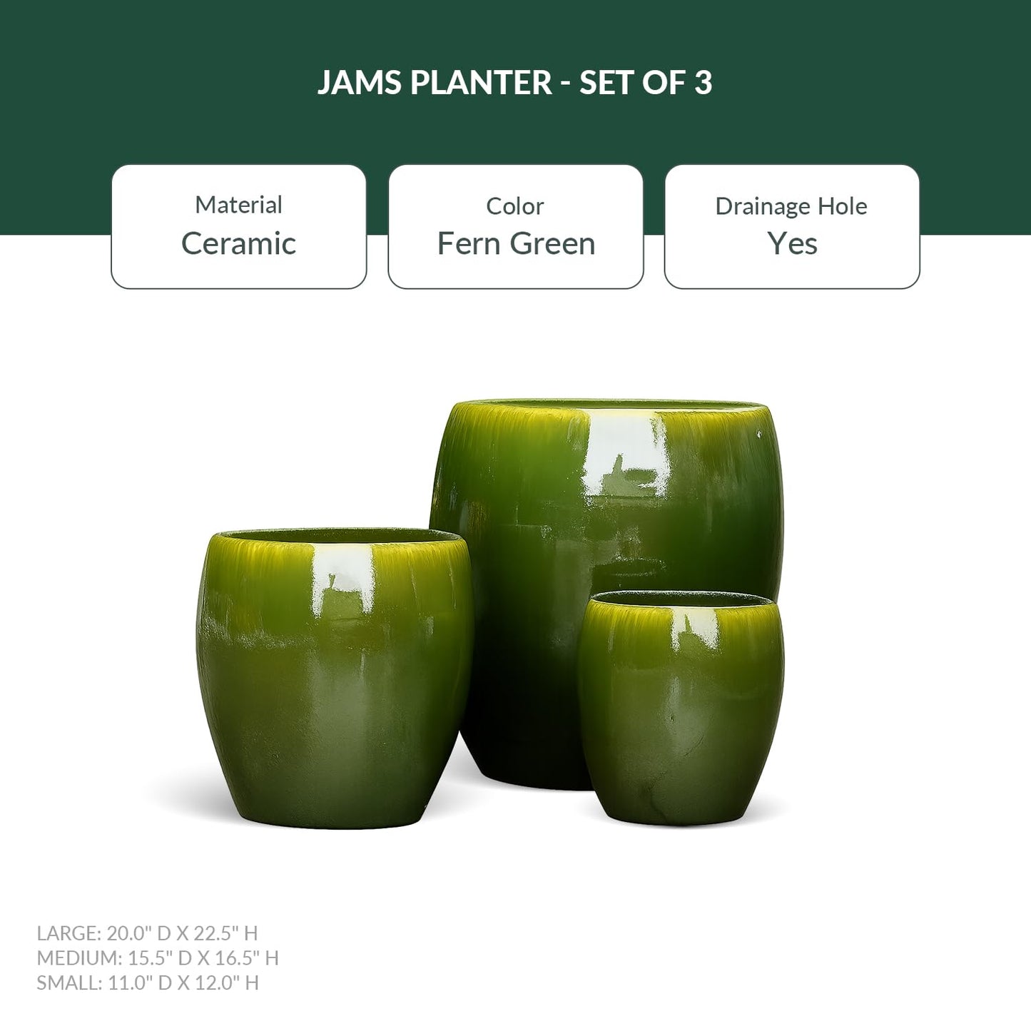 PLANTATOREM Jams Planter Set of 3 - Ceramic Plant Pots with Elegant Glaze Finish, Fern Green, Various Sizes - Indoor and Outdoor Use with Water Control, Perfect for Succulents and Flowers