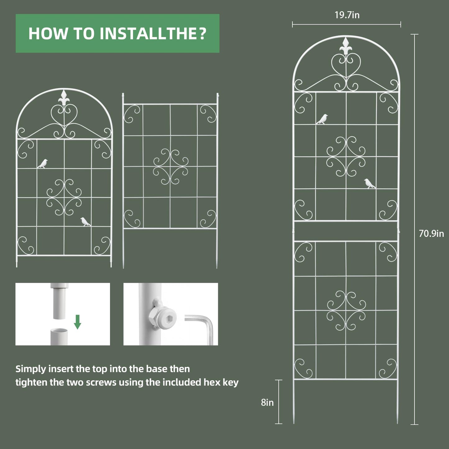 Garden Trellis for Climbing Plants Outdoor, Maidapulu 2 Pack 70.8x19.6 Inch White Metal Trellis - Rustproof Lattice Support Panel with Easy Assembly for Roses, Clematis, Cucumbers, Vegetable Garden
