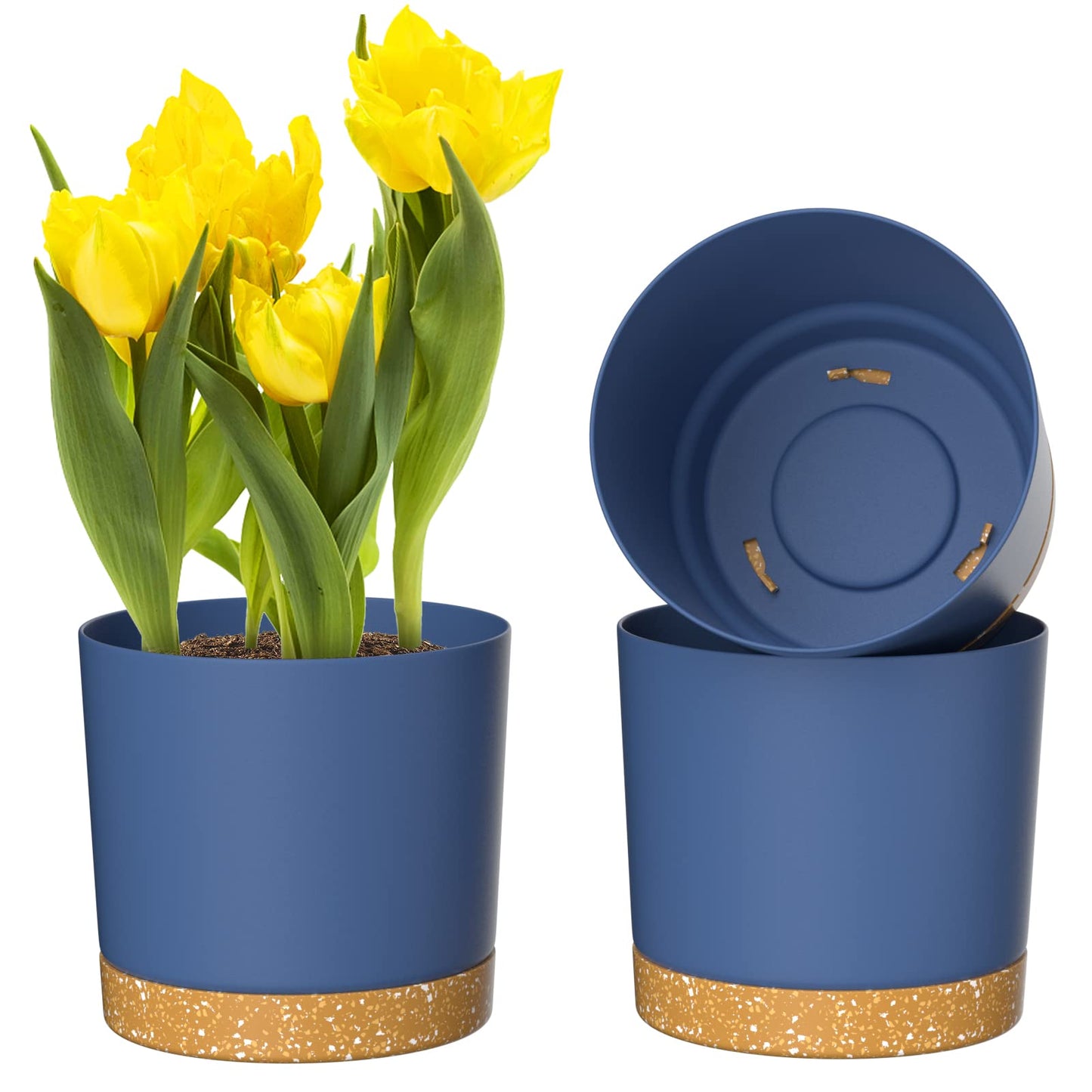 ZMTECH Plant Pots, Set of 3 8'' Self Watering Plastic Planter with Drainage Hole and Saucer, Modern Decorative Flower Pot for Indoor Outdoor House Plants, Succulents, Flowers - Blue