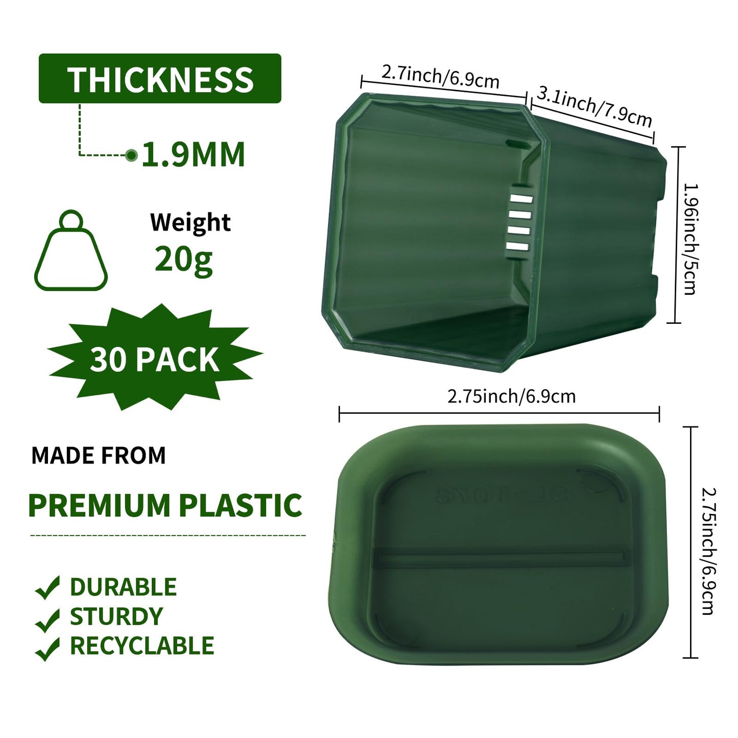 foxany 3 Inch Transparent Green Nursery Pots, 30 Pcs Thick Plastic Plant Pot, Square Flower Planting Pots Variety Pack, Seedling Planter Starter Pots with Saucers for Garden