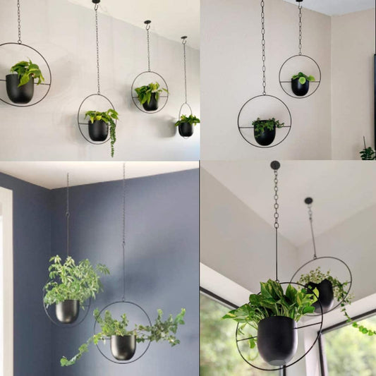 ABETREE 2 Pcs Hanging Planters for Indoor and Outdoor Plants with Hooks and Chains, Metal Modern Wall Ceiling Planter Hangers Minimalist Flower Pot Holder Basket for Home Decor(Black)