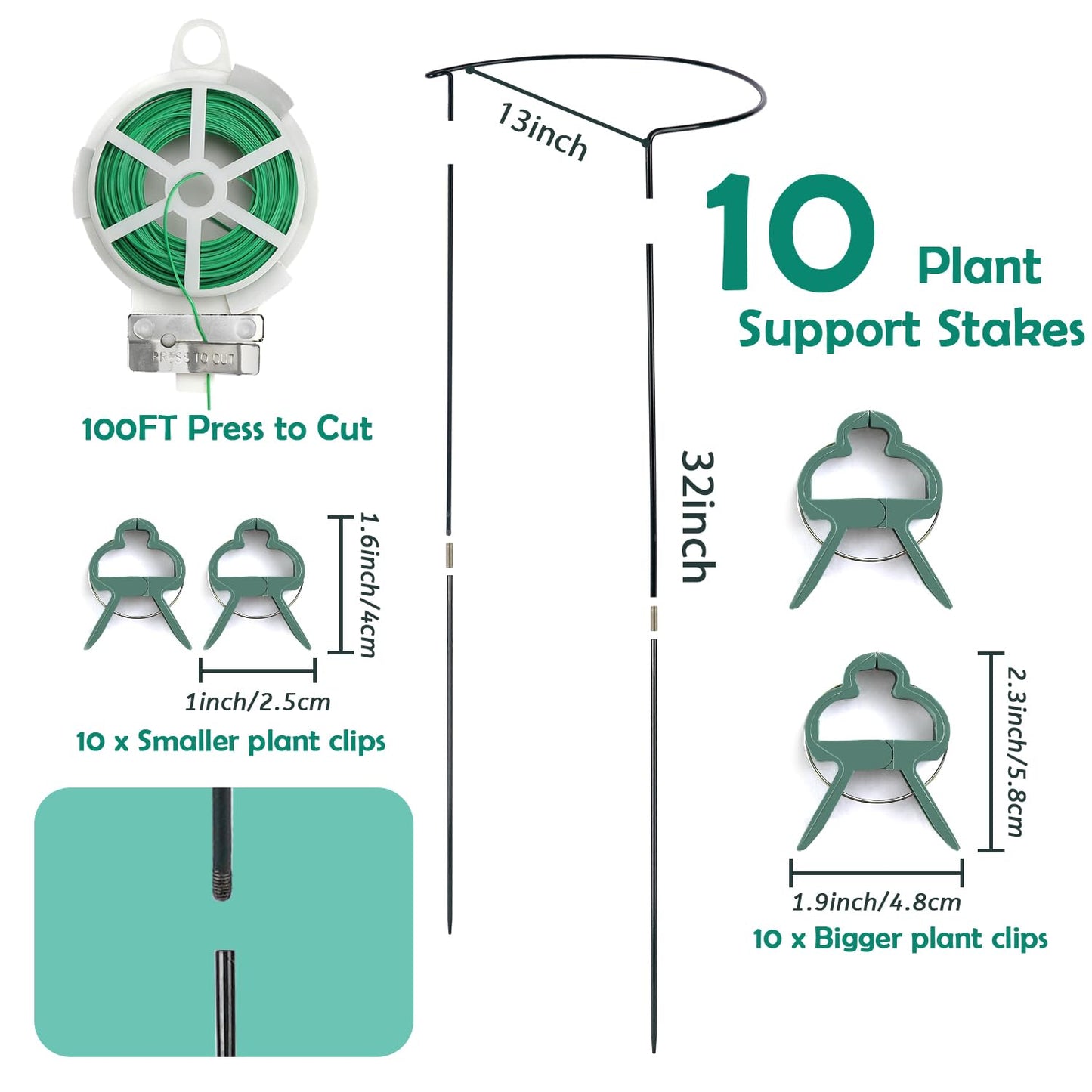 32 inch Plant Support Stakes, 10 Pack Half Round Metal Garden Plant Stake Heavy-Duty Plant Support Ring and Cage with Plant Clip & Twist Tie for Indoor and Outdoor Plants, Vegetable, Flowers