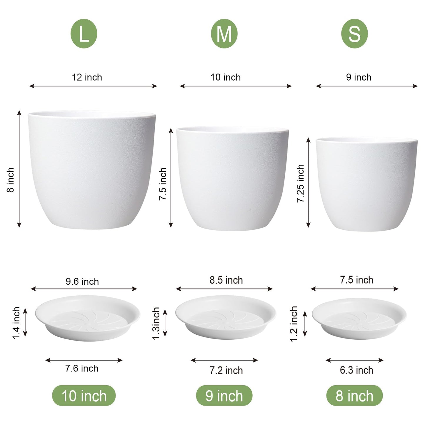 UOUZ 12/10/9 Large Plant Pots, Plastic Planters with Drainage Holes and Saucers for Indoor Outdoor Plants Flowers, White