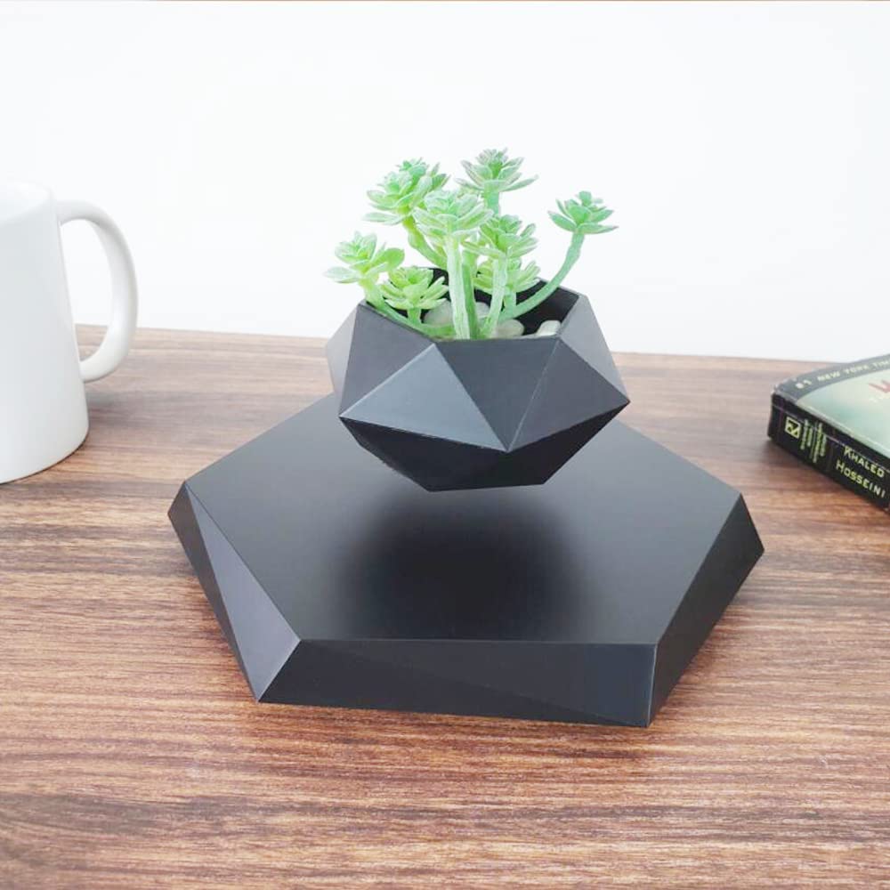 GUIYING Magnetic Levitating Flower Pot Air Bonsai Black Hexagon Suspension Floating Plant Pot 360 Degree Rotation Pot Home and Office Desk Decor