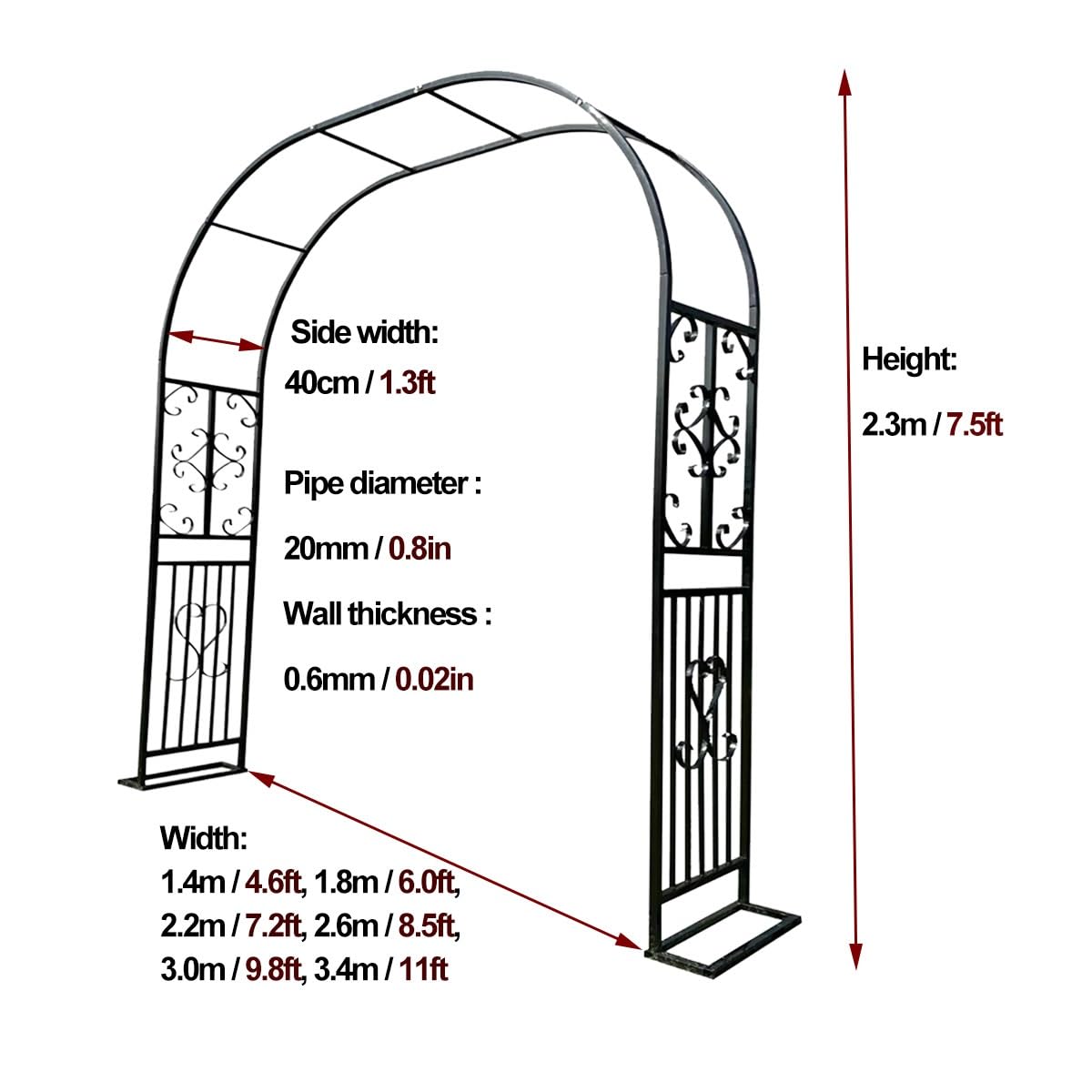 Hltzyzbl Garden Trellis Arbor Metal Arch Heavy Duty Roses Outdoor Arbour for Various Climbing Plant Easy-to-Assemble Stable W8.5ft X H7.5ft, W9.8ft X H7.5ft, W11ft X H7.5ft(Brown,W4.6ft)