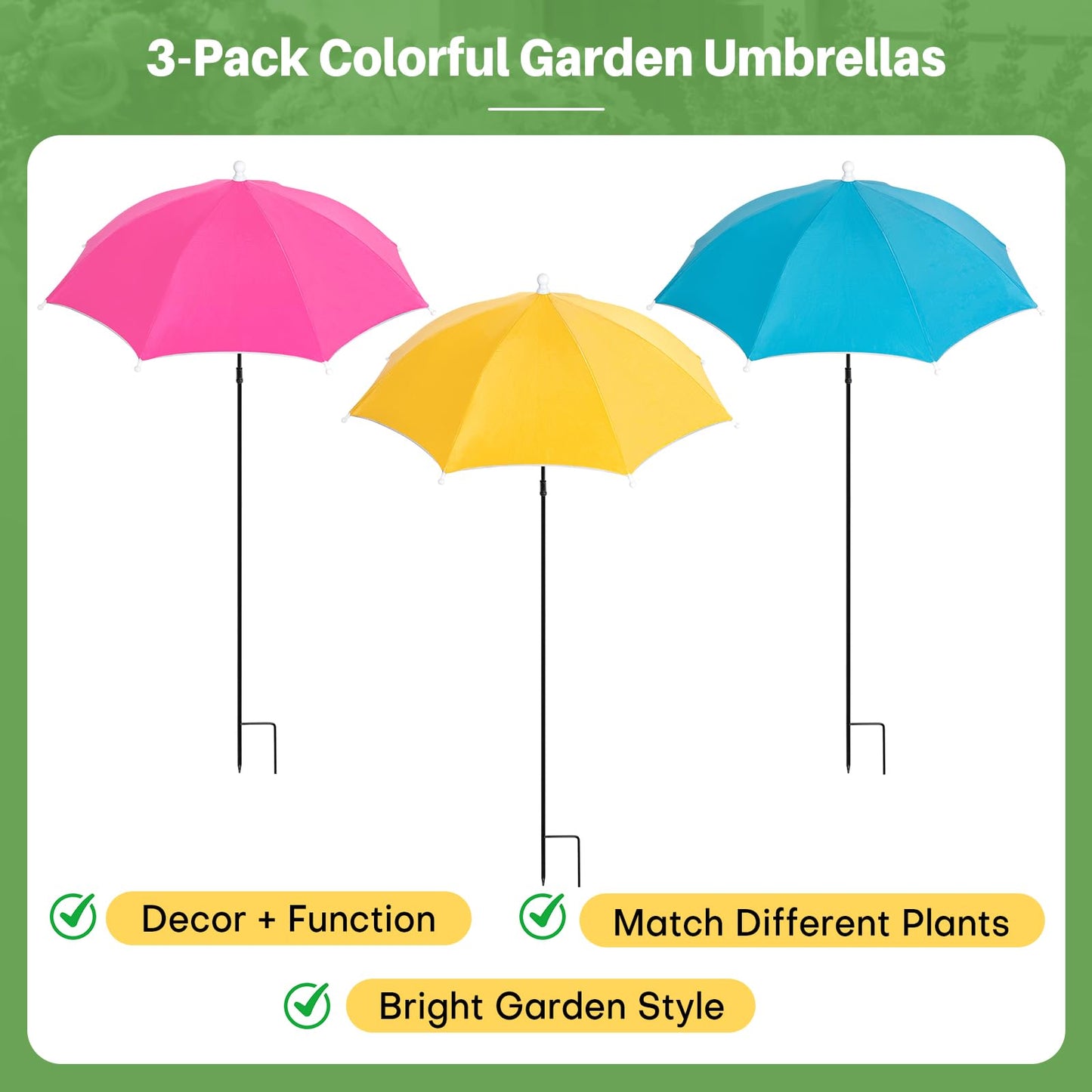 Sturdy Plant Shade Umbrella to Protect Plants from Harsh Sun, 3 Pack Adjustable Height Sun Protection for Potted Plants, More Stable Support Design, Rust-Resistant Colorful Garden Umbrella, 23.6"
