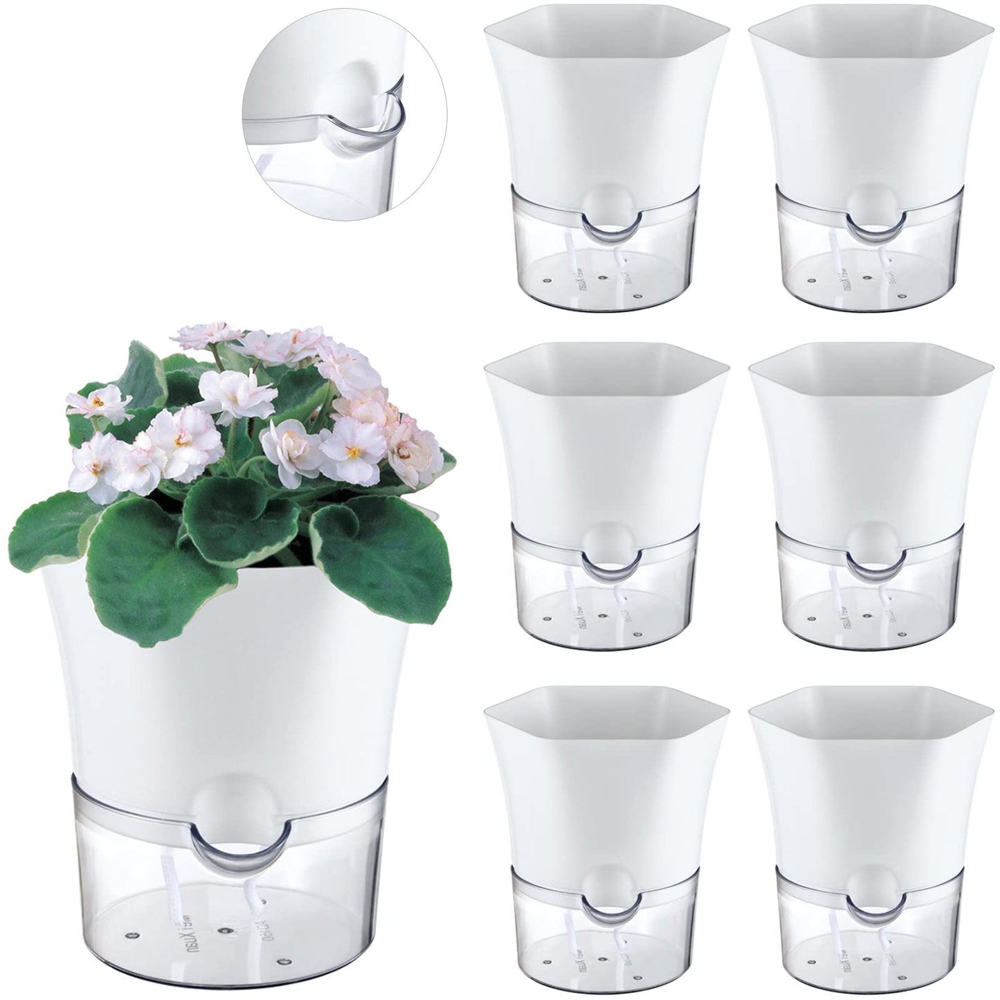 6-Pack 6" Clear Self Watering Pots for Indoor Plants Large Hexagon Self-Watering Planters Orchid Pots Plastic Wick Flower Plant Pots for African Violet, Spider, Herbs, Home Decor, White and Clear