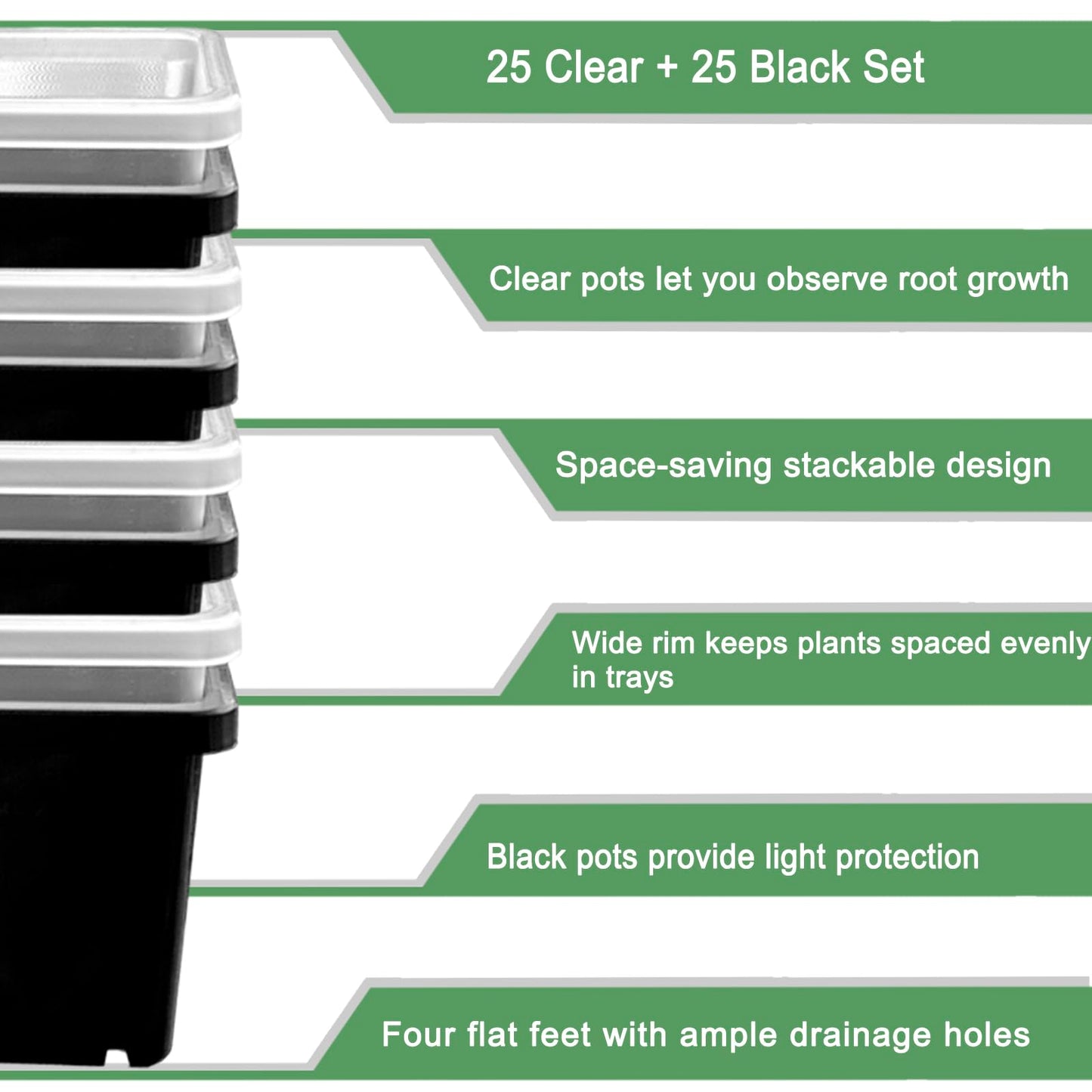 Gyfofix 2 Inch Square Nursery Pots, 50 Pack (25 Clear + 25 Black) Seedling Starter Pots, Plastic Plant Pots with Drainage Holes, for Seed Germination, Root View, and Light Blocking