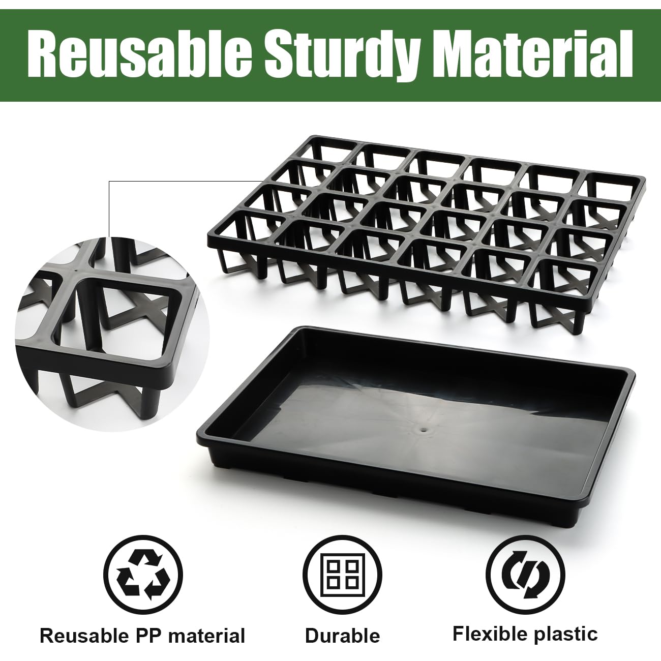 RooTrimmer 24 Cell Nursery Pots Trays (17"x11"x2") with Plastic Flat Seed Starter Trays, Durable Carrying Seedling Starter Tray, Reusable Planting Tray for Holding 2.7 inch Nursery Pots, 3 Sets Combo