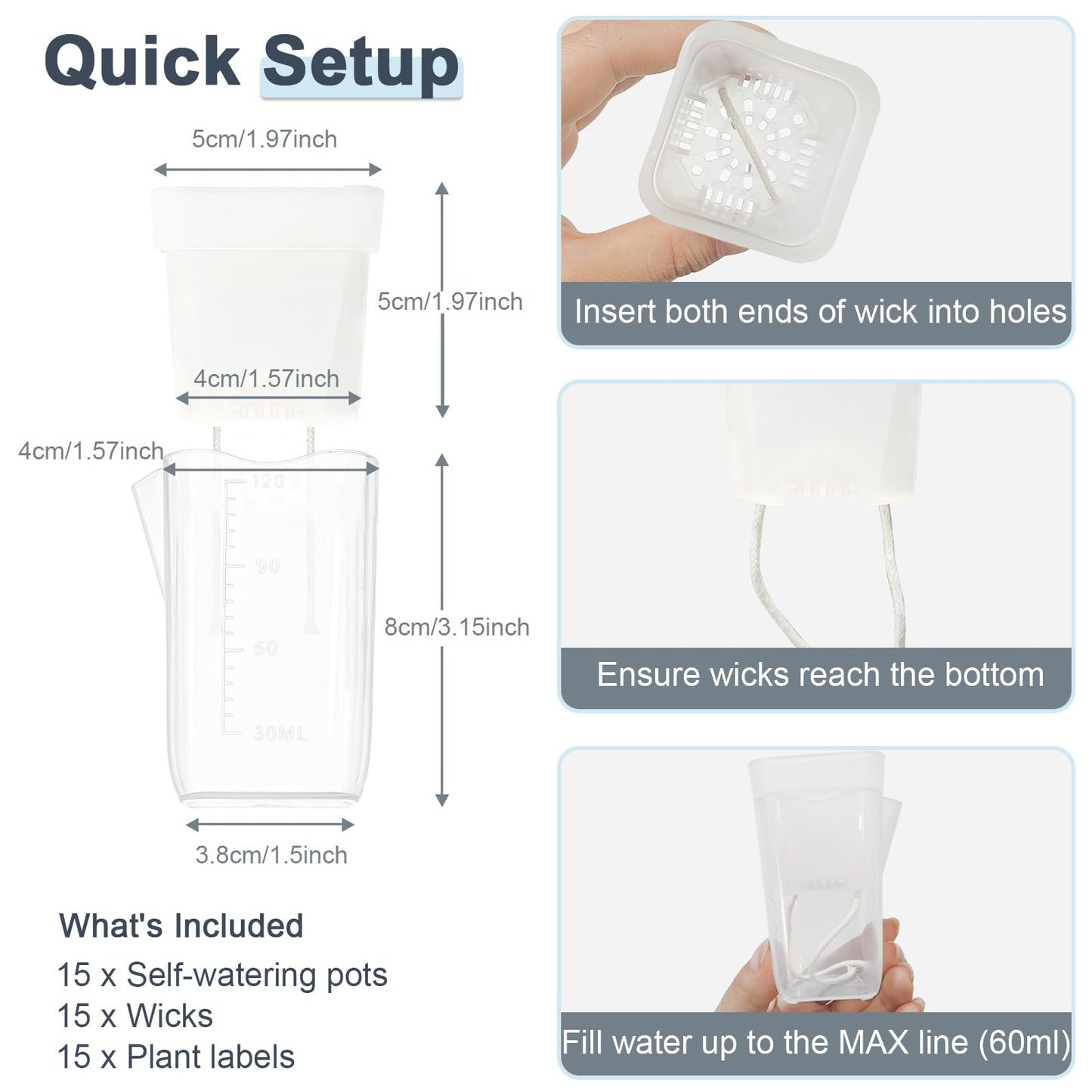 15 Pack 2" Self Watering Pots for Indoor Plants,Mini Clear Plastic Planters with Water Level Indicator & Drainage Holes for Alocasia Propagation, African Violets, Seedlings, Cuttings and Succulents