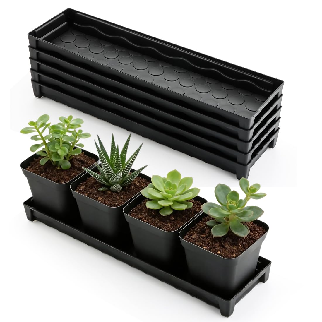 5 Pack Plastic Window Sill Saucer (16"x5.5"x1.5"), Rectangular Windowsill Plant Pot Trays with Removable Drainage Hole, Thick Plant Saucer Tray for 4 inch (10CM) Flower Seedling Pots (Black)